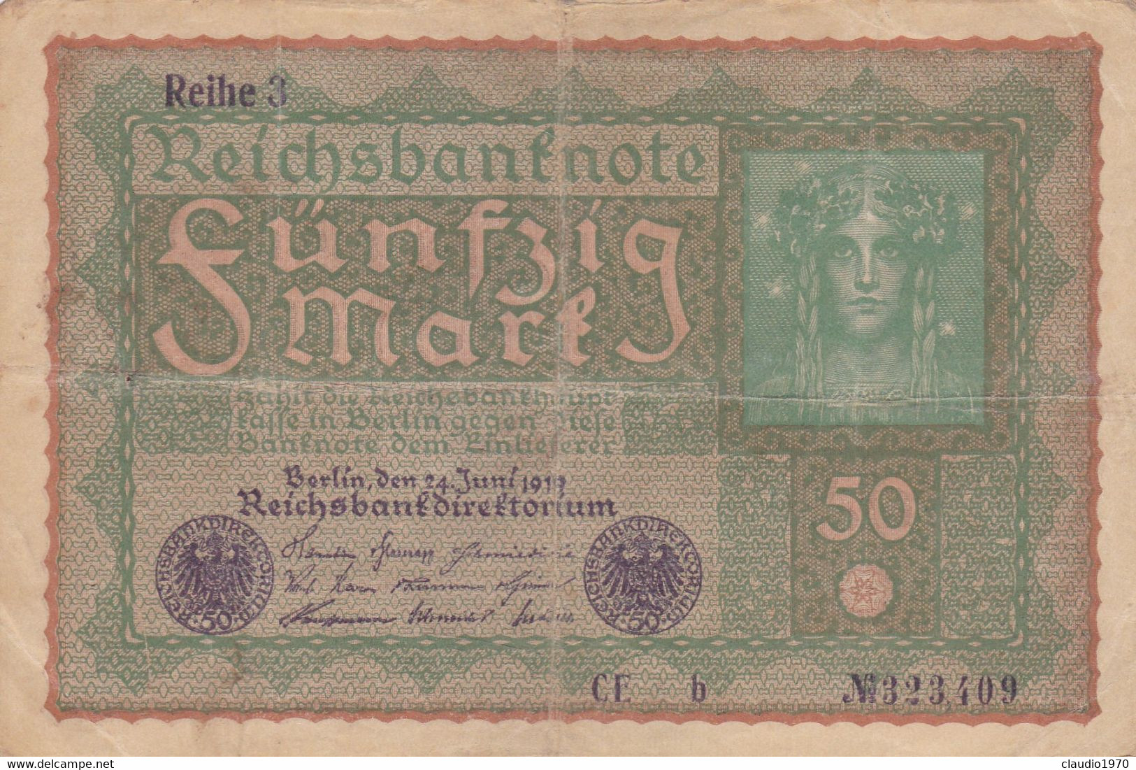 GERMANIA - 1919 BANCONOTE TEDESCA  - REPUBBLICA DI WEIMAR BANCONOTE - 50 FUNFZIG MARK - 50 Mark