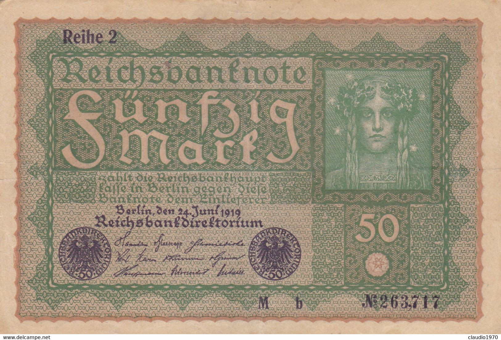 GERMANIA - 1919 BANCONOTE TEDESCA  - REPUBBLICA DI WEIMAR BANCONOTE - 50 FUNFZIG MARK - 50 Mark