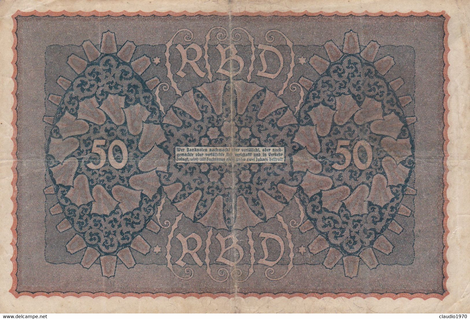 GERMANIA - 1919 BANCONOTE TEDESCA  - REPUBBLICA DI WEIMAR BANCONOTE - 50 FUNFZIG MARK - 50 Mark