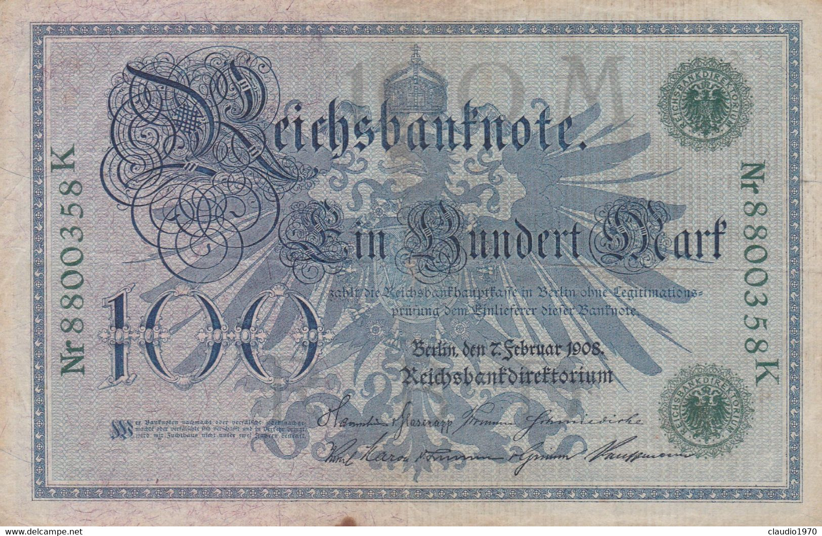 GERMANIA - 1908 BANCONOTE TEDESCA - 100 MARK - 100 Mark