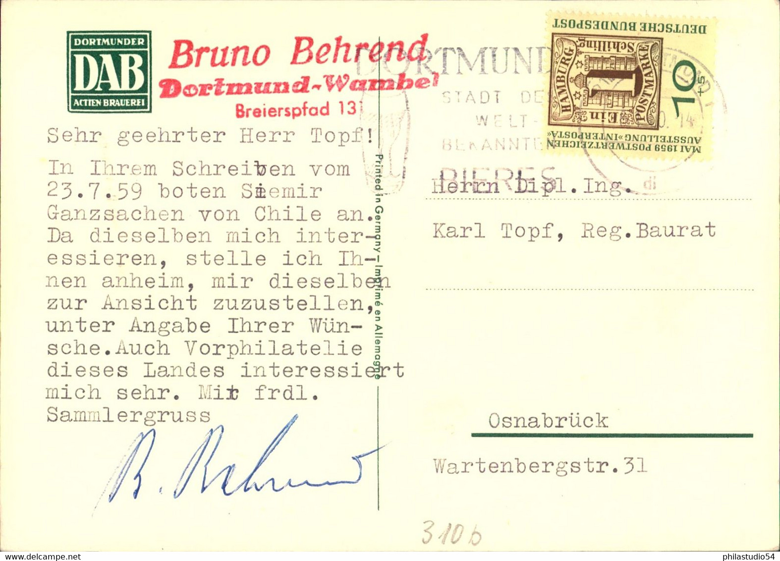 1958, BIER / BEER - Werbekarte "Dortmunder Aktienbrauerei" - Sonstige & Ohne Zuordnung