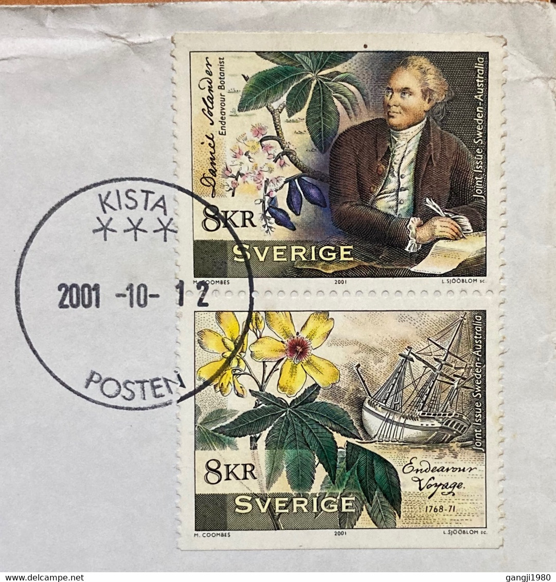 SWEDEN 2001, SWEDEN AUSTRALIA JOINT ISSUE,PLANT ,FLOWER,SHIP , BOTANIST ,SE-TENENT STAMP ,COVER TO INDIA - Briefe U. Dokumente