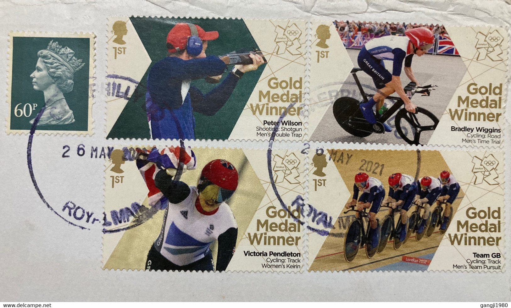 GREAT BRITAIN 2020, CYCLING 3 DIFFERENT,SHOOTING GOLD MEDAL ,QUEEN 5 STAMPS USED COVER TO INDIA - Storia Postale
