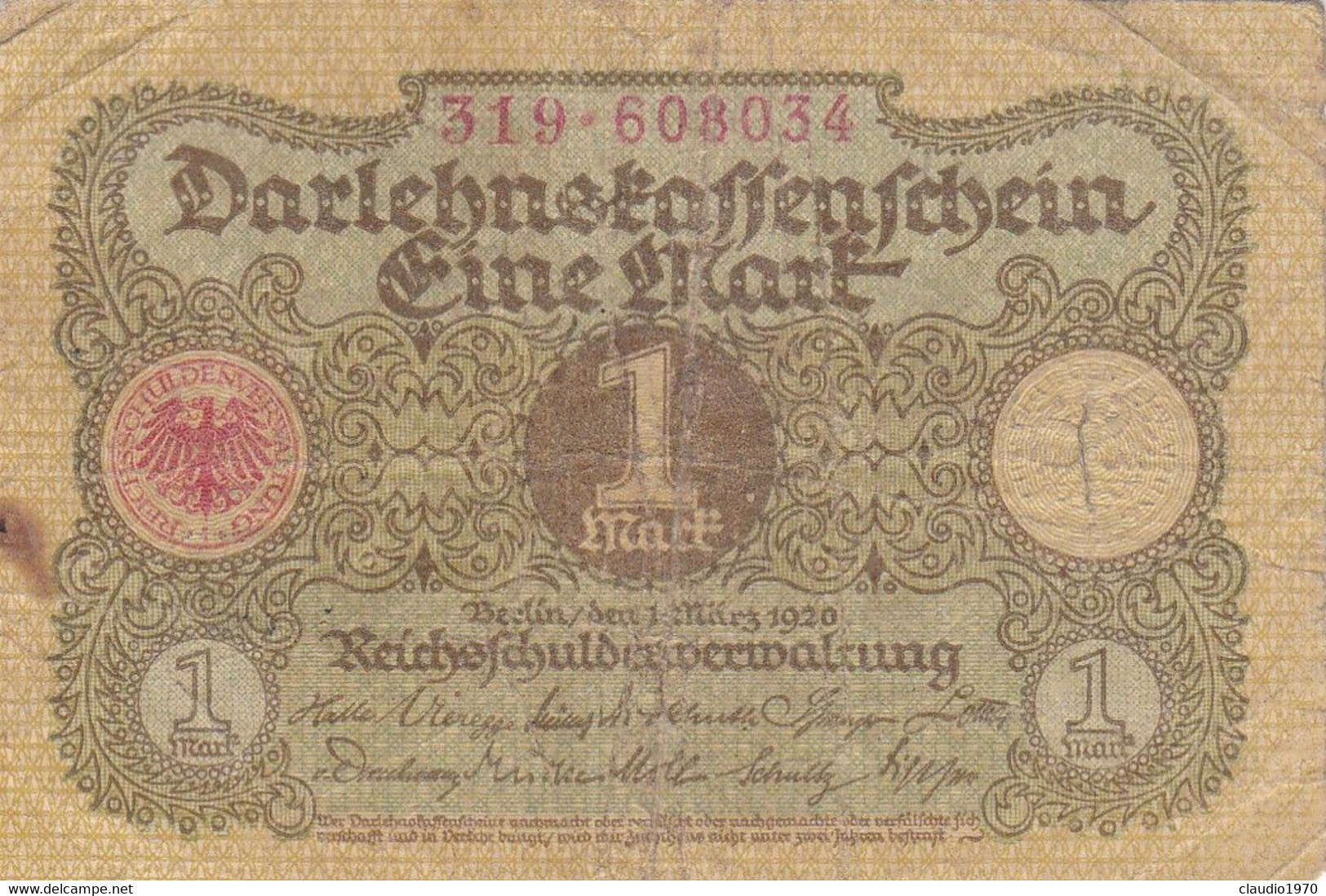 GERMANIA - 1920  BANCONOTE TEDESCA - 1 MARK - 1 Mark