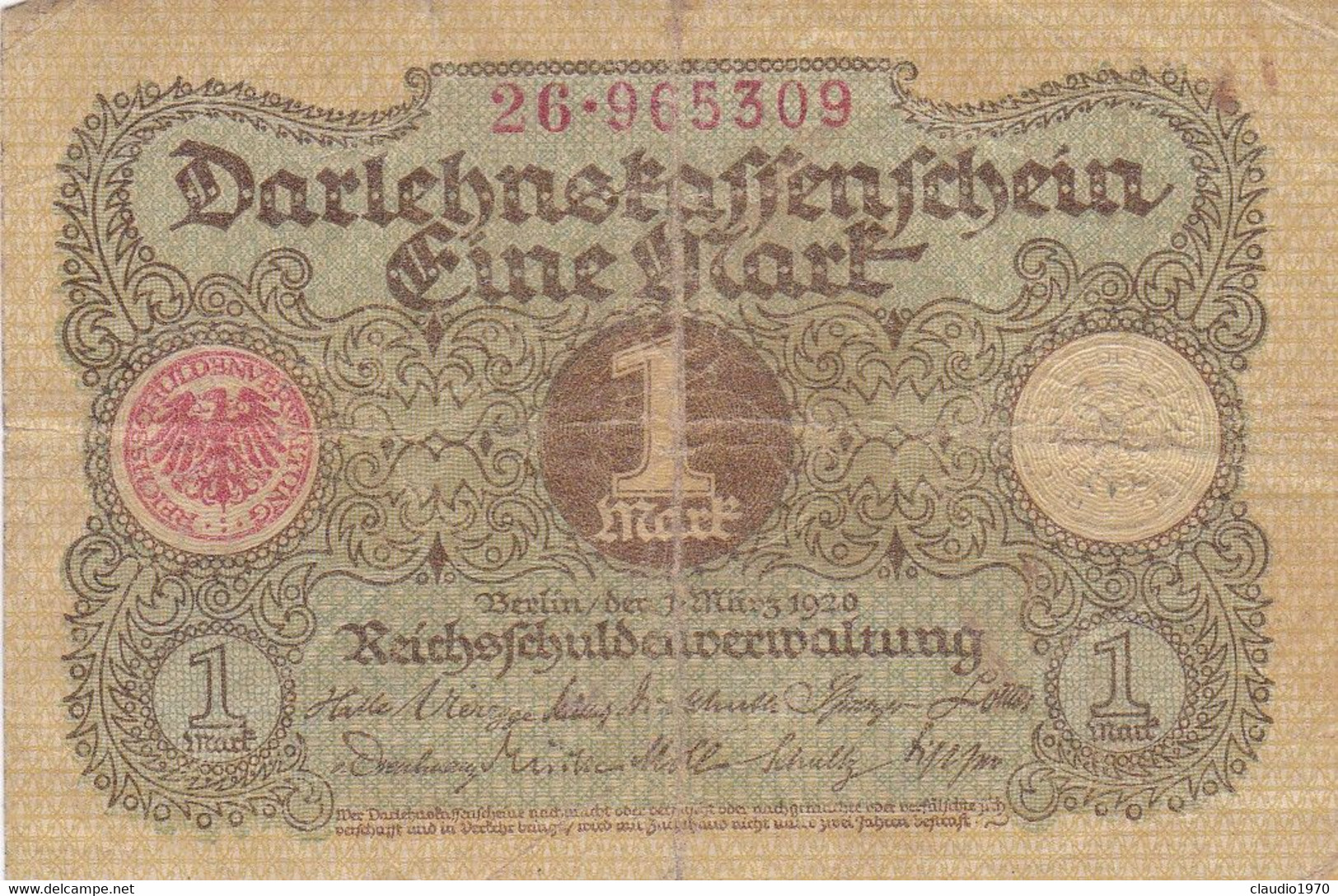 GERMANIA - 1920  BANCONOTE TEDESCA - 1 MARK - 1 Mark