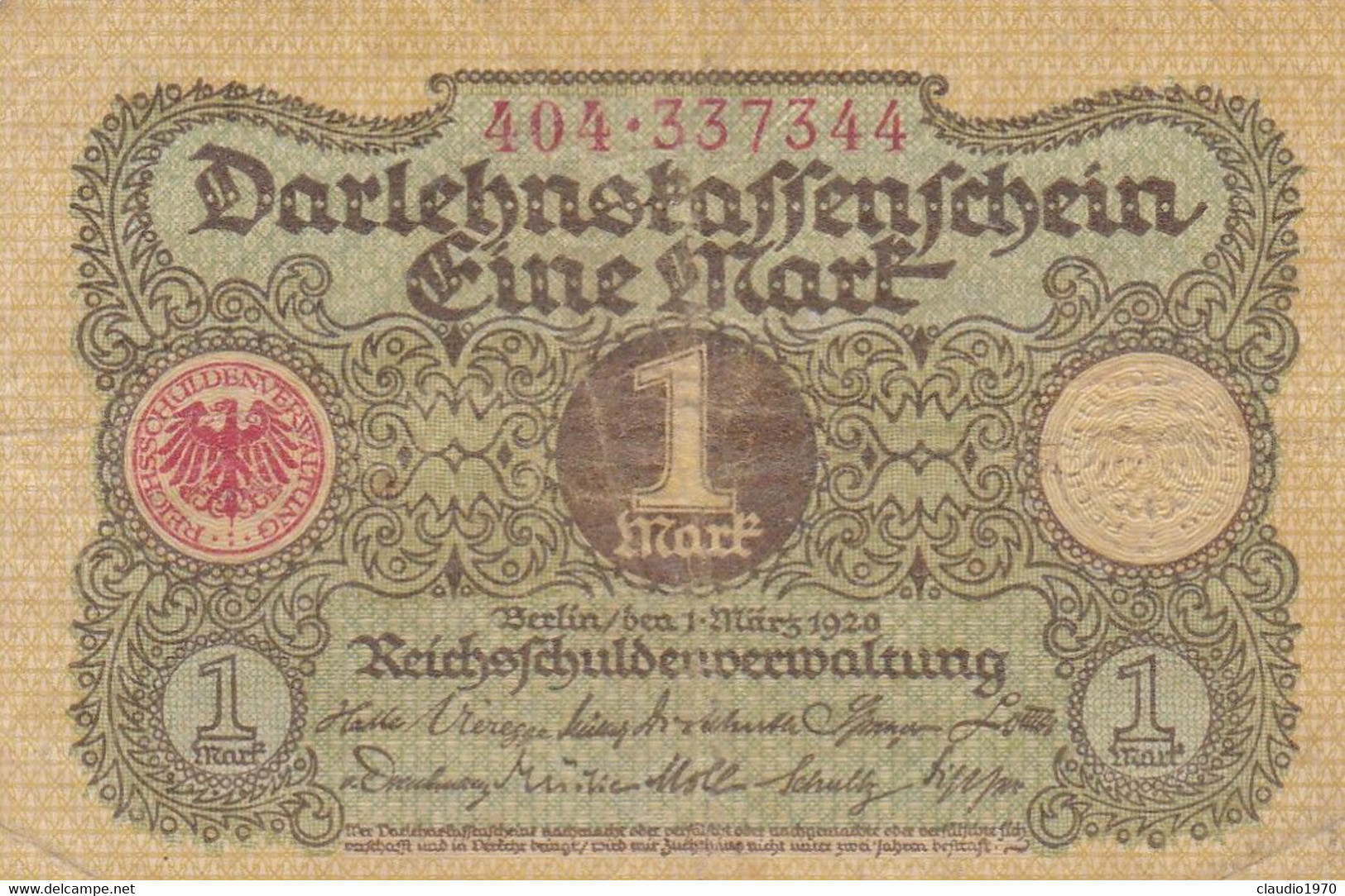 GERMANIA - 1920  BANCONOTE TEDESCA - 1 MARK - 1 Mark