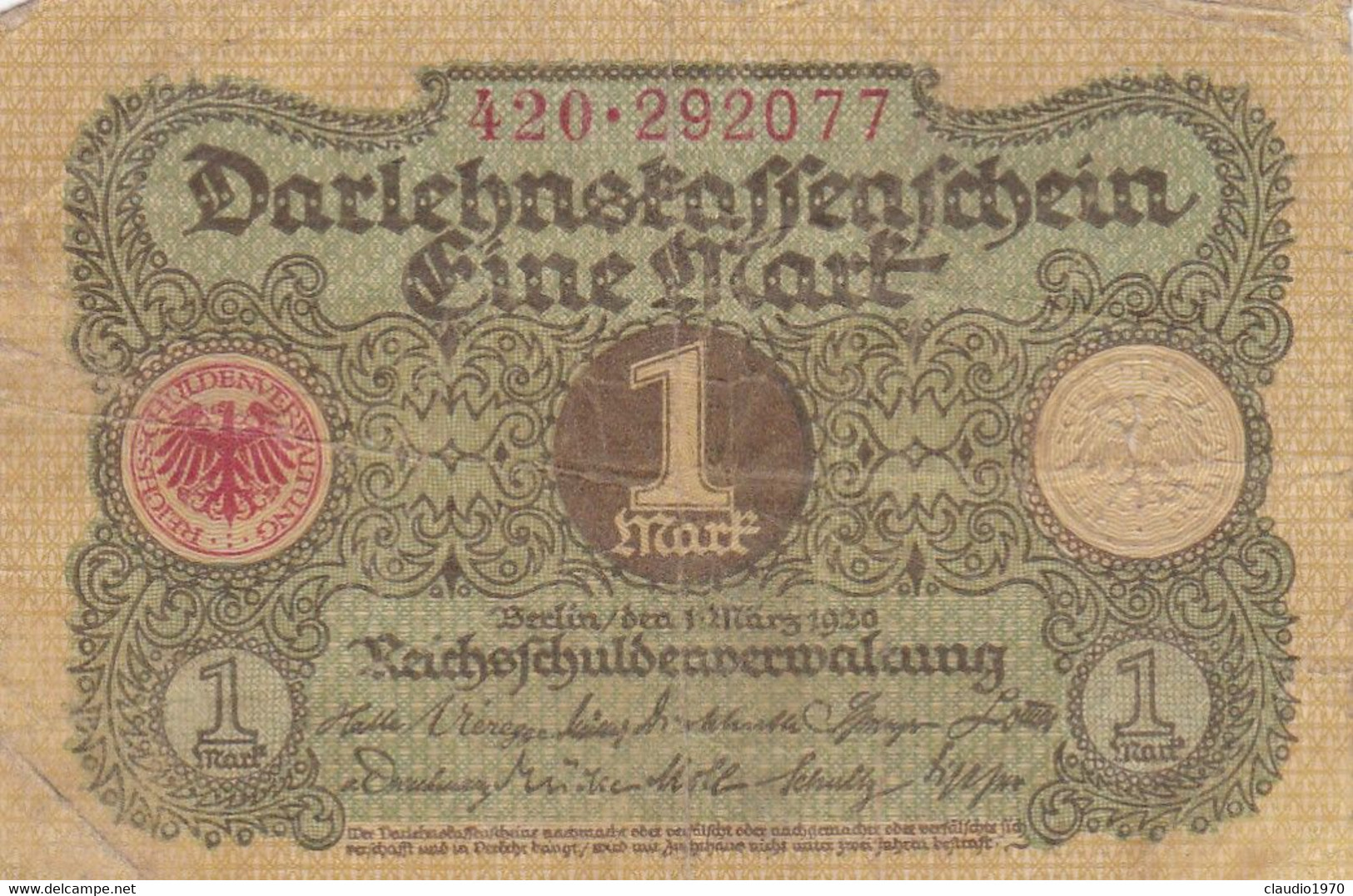 GERMANIA - 1920  BANCONOTE TEDESCA - 1 MARK - 1 Mark