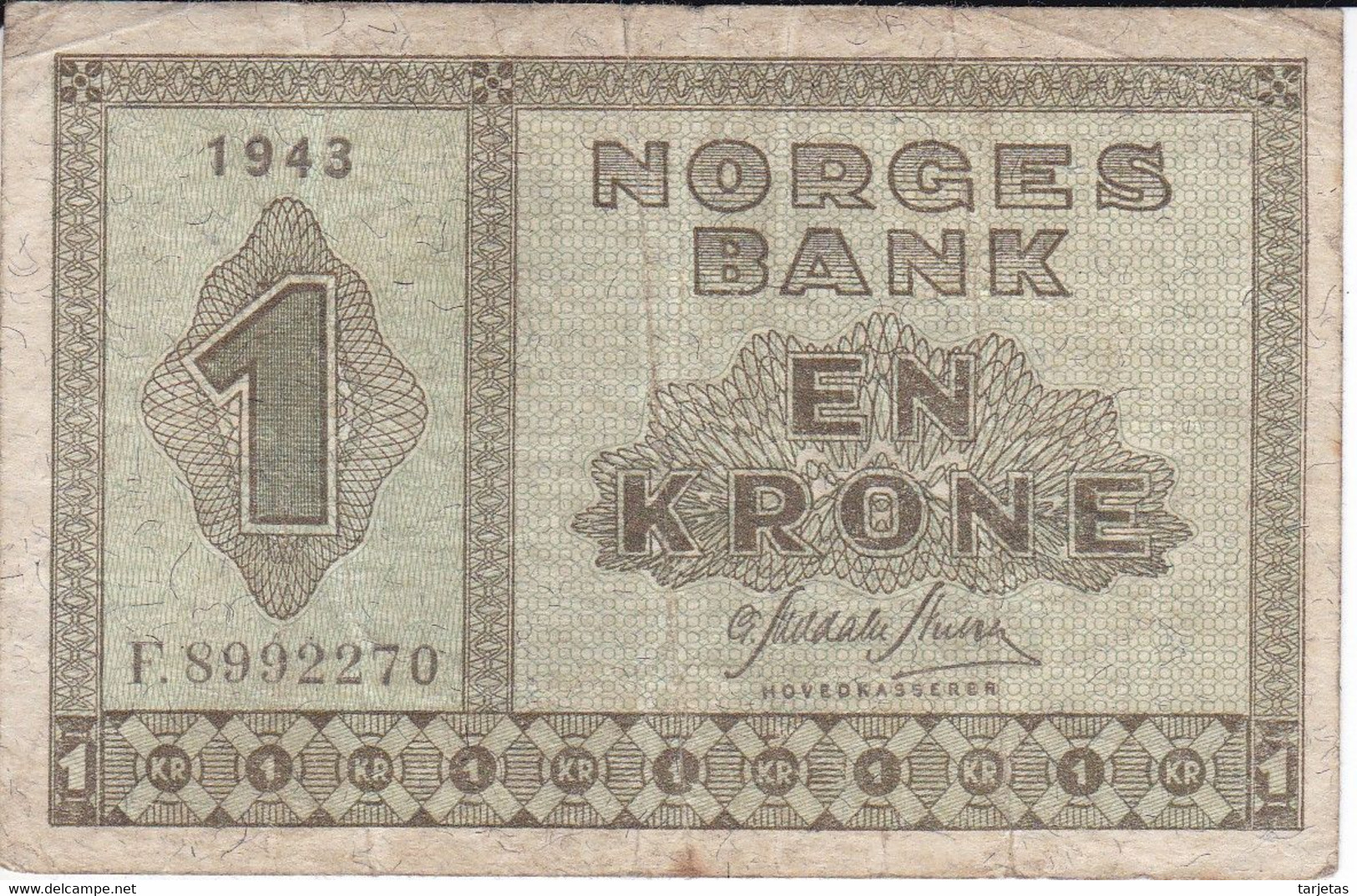 BILLETE DE NORUEGA DE 1 KRONE DEL AÑO 1943 (BANKNOTE) - Norwegen