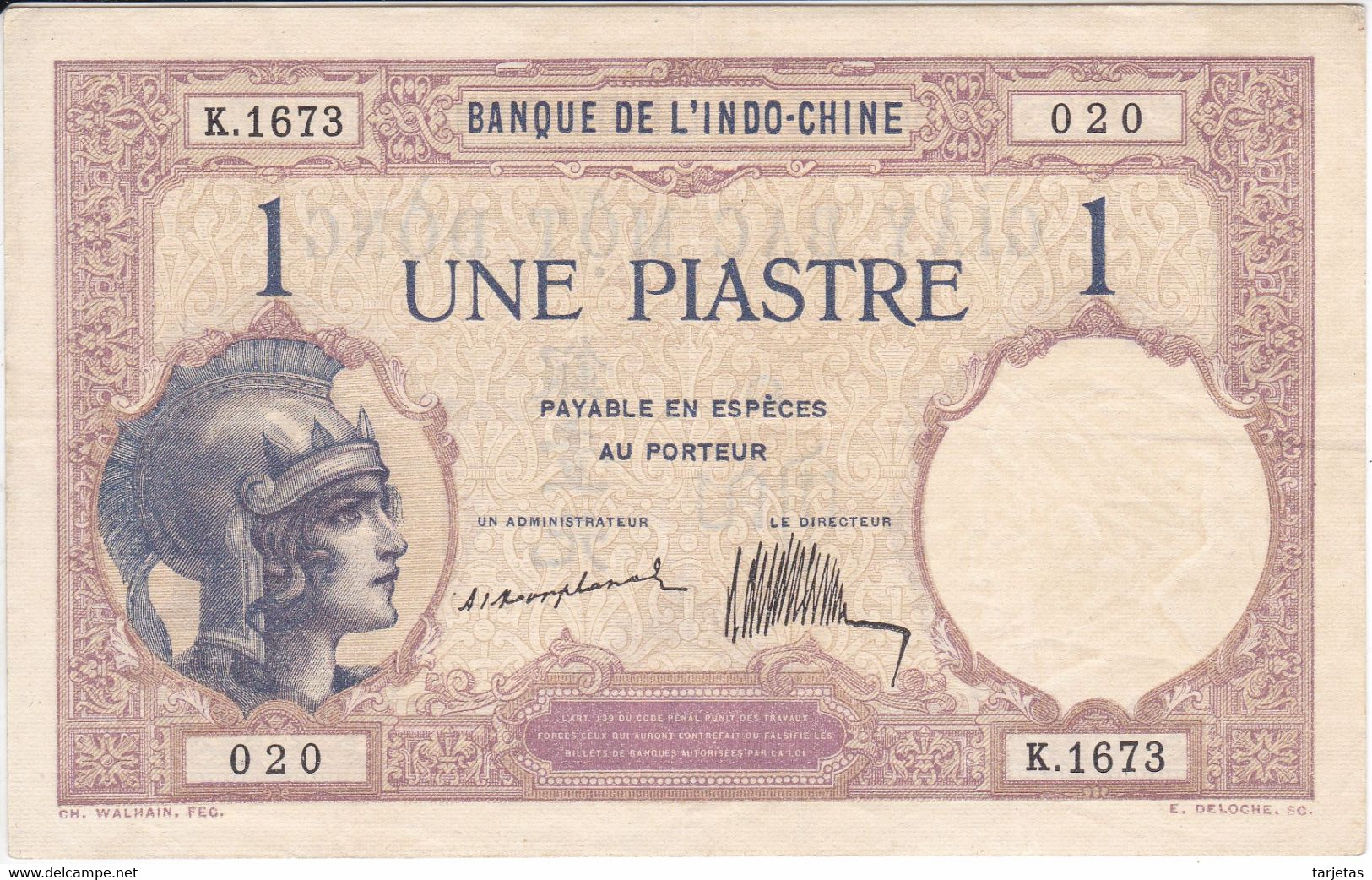 BILLETE DE INDO-CHINE DE 1 PIASTRE DEL AÑO 1921 CALIDAD EBC (XF) (BANKNOTE) BANQUE DE L'INDO-CHINE - Indocina