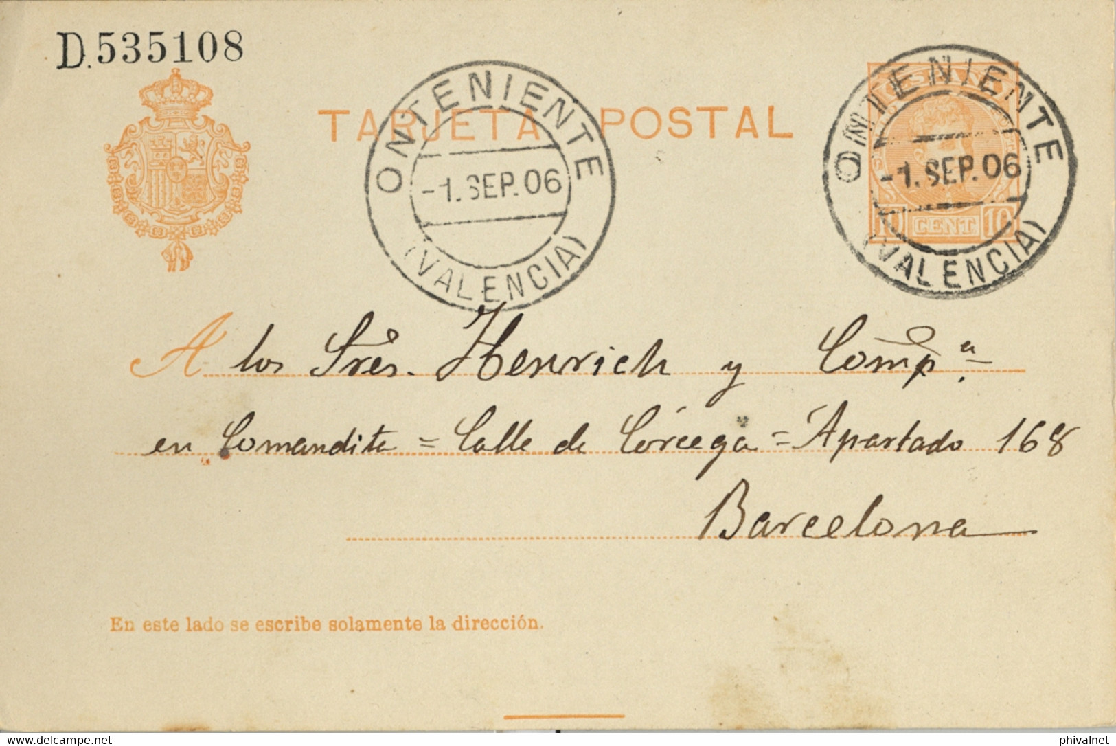 1906 , VALENCIA , E.P. 45 CIRCULADO , ONTENIENTE - BARCELONA - 1850-1931