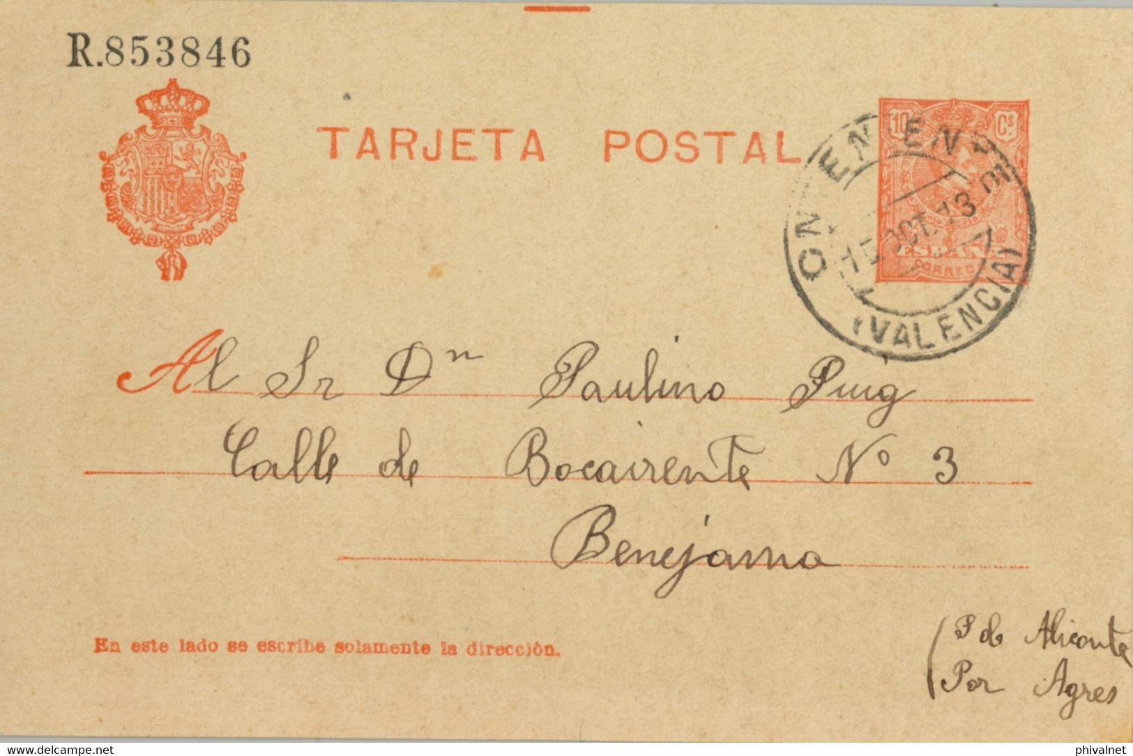1913 , VALENCIA  , E.P. 49 CIRCULADO , ONTENIENTE - BENEJAMA - 1850-1931