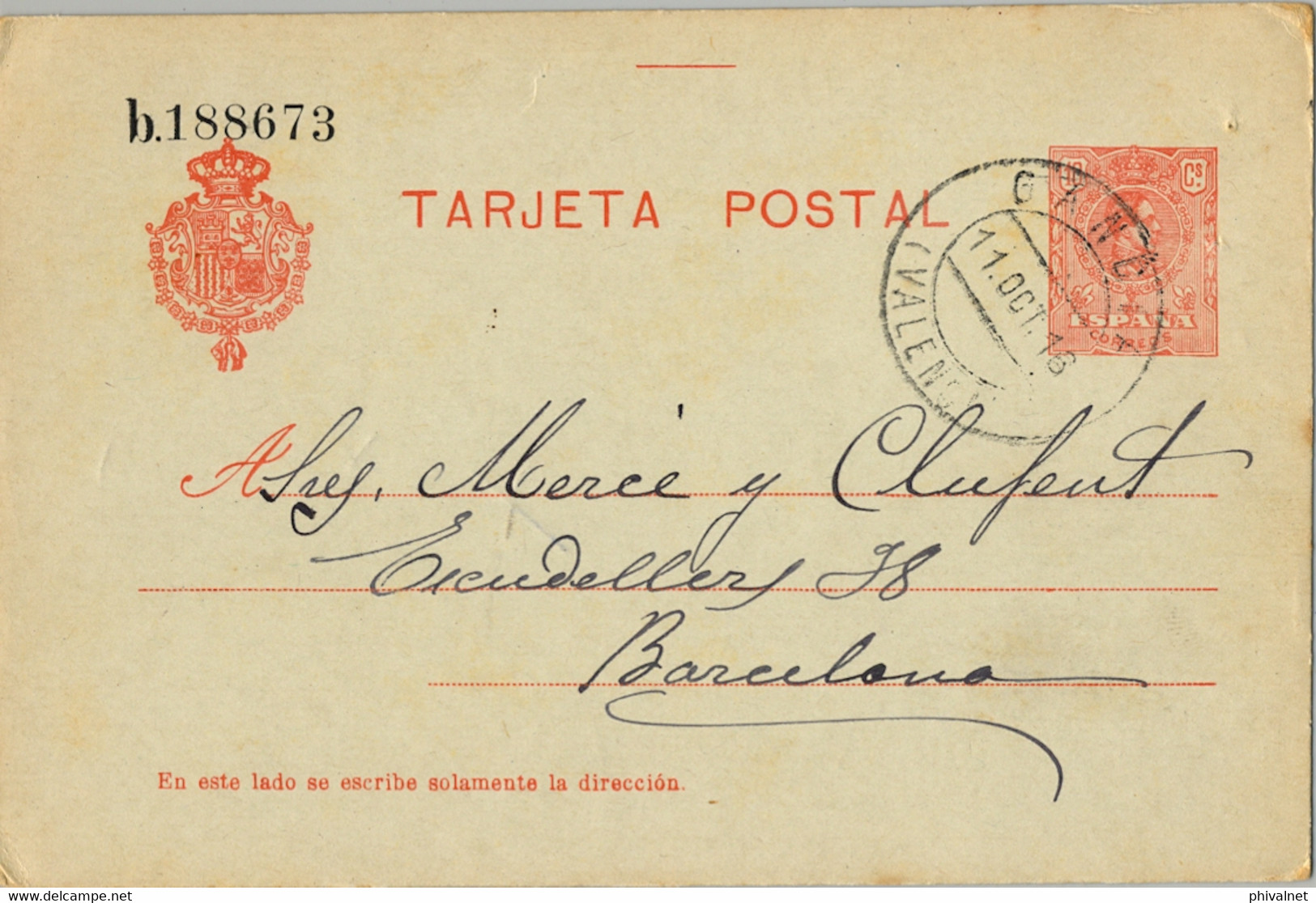 1916 , VALENCIA  , E.P. 49 CIRCULADO , GANDIA - BARCELONA - 1850-1931