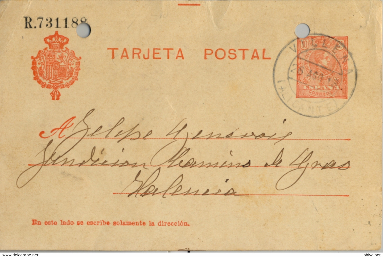 1919 , ALICANTE   , E.P. 49 CIRCULADO , VILLENA - VALENCIA - 1850-1931