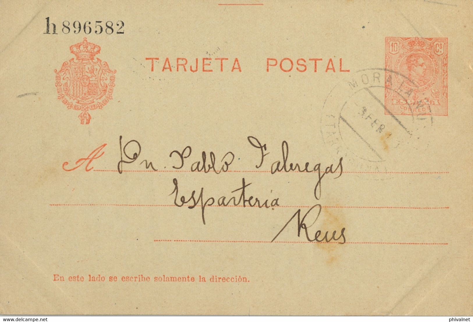 1919 , TARRAGONA   , E.P. 49 CIRCULADO , MORA LA NUEVA - REUS , LLEGADA AL DORSO - 1850-1931