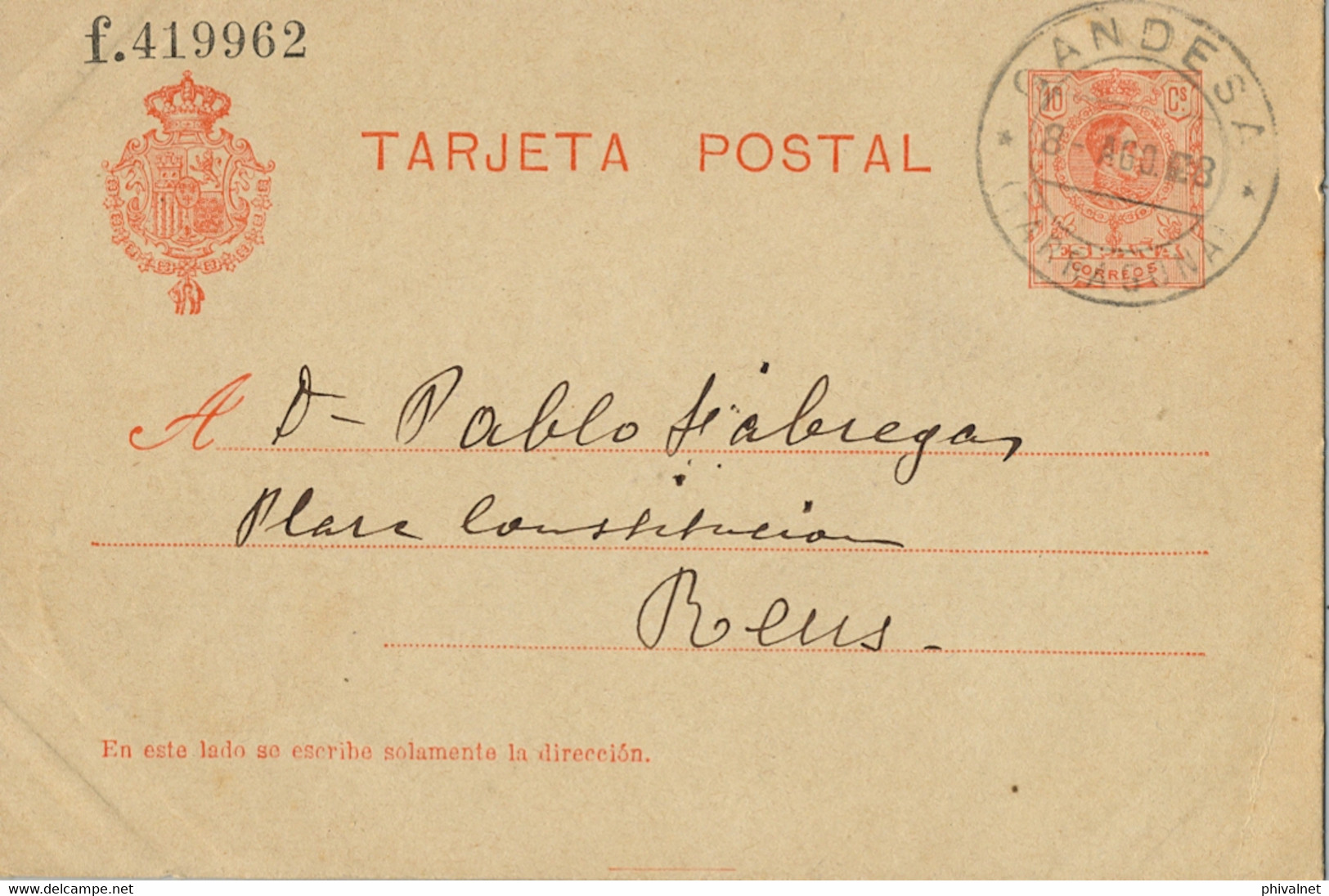 1918 , TARRAGONA   , E.P. 49 CIRCULADO , GANDESA - REUS , LLEGADA AL DORSO - 1850-1931