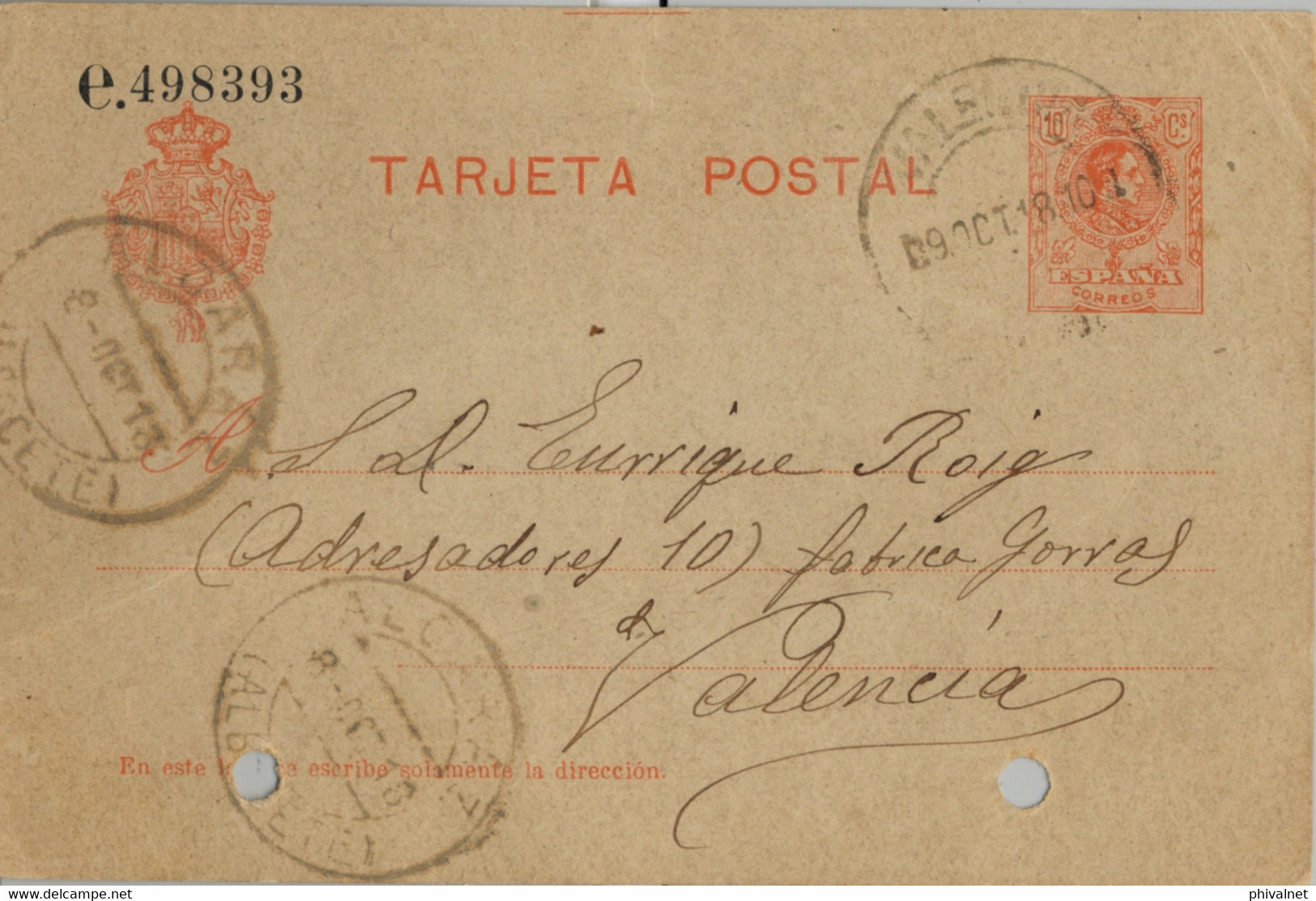 1918 , ALBACETE   , E.P. 49 CIRCULADO , ALCARAZ - VALENCIA - 1850-1931