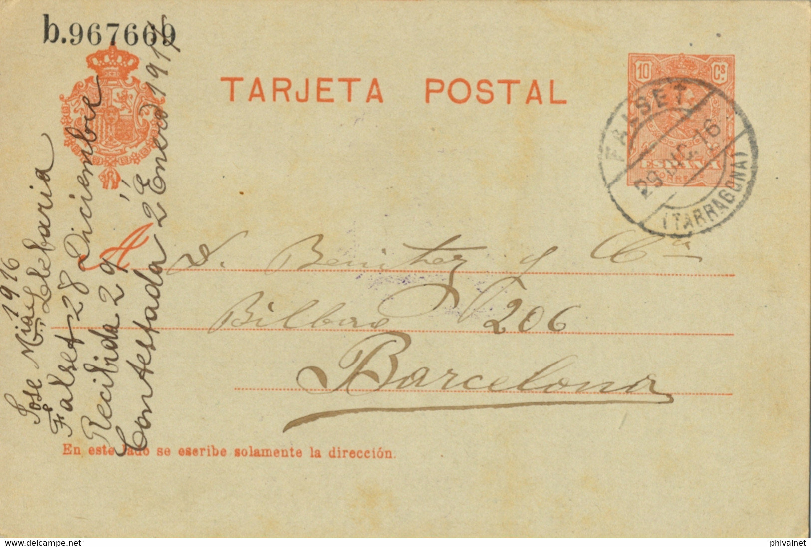 1916 , TARRAGONA  , E.P. 49 CIRCULADO , FALSET - BARCELONA - 1850-1931