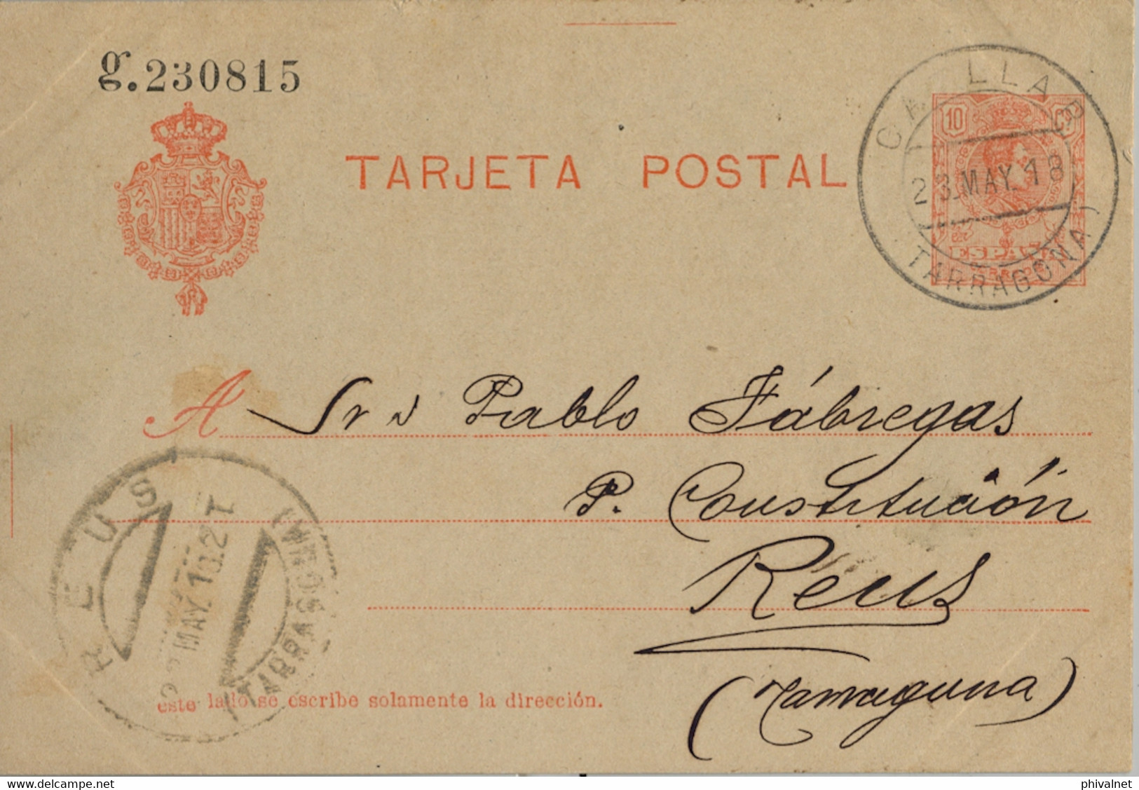 1918 , TARRAGONA  , E.P. 49 CIRCULADO , CATLLAR - REUS , LLEGADA - 1850-1931