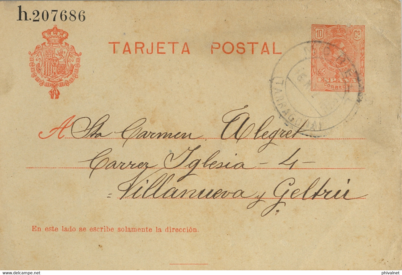 1918 , TARRAGONA  , E.P. 49 CIRCULADO , MORELL - VILLANUEVA I GELTRÚ - 1850-1931