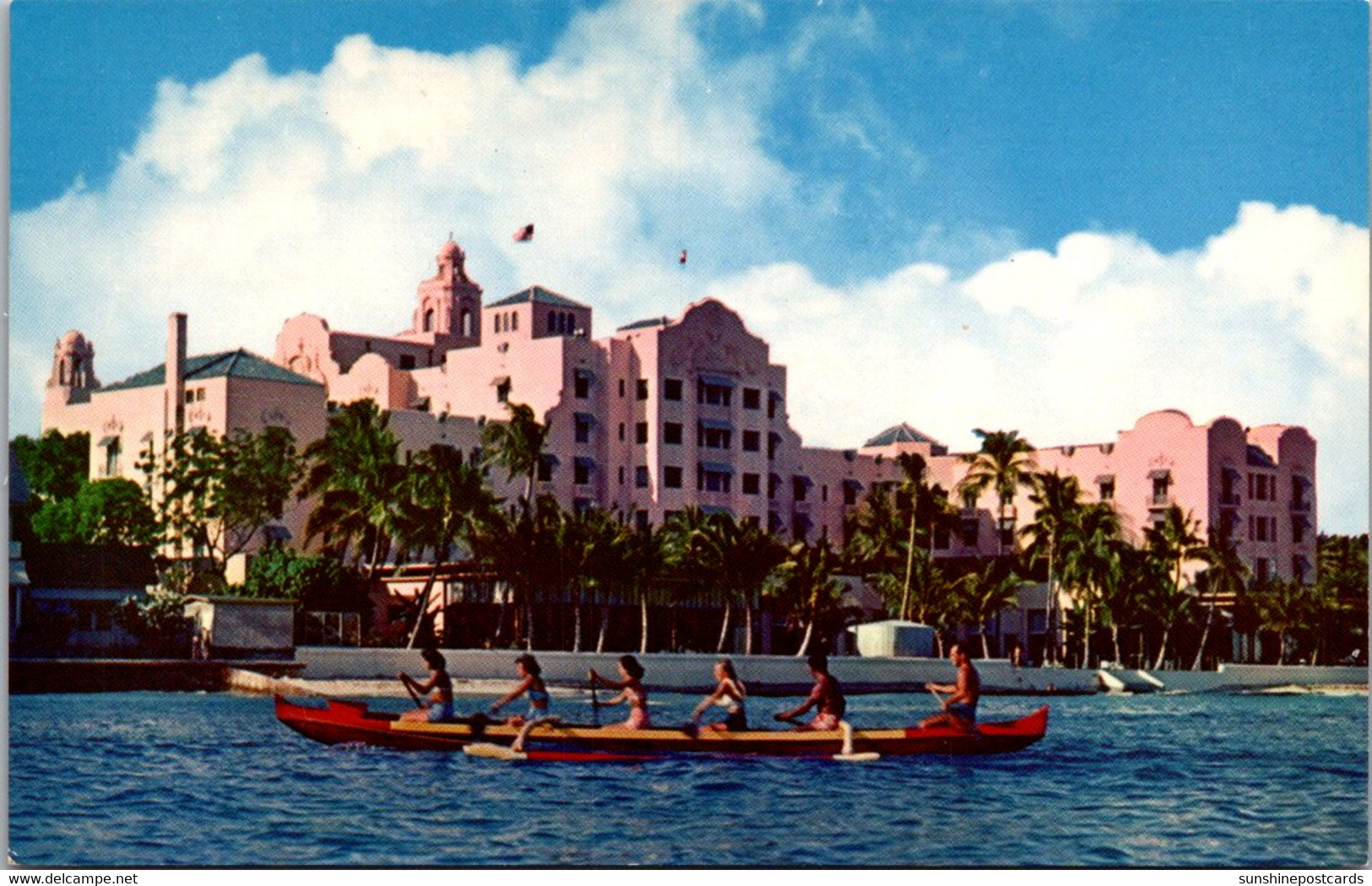 Hawaii Outrigger Canoeing At Waikiki Beach Royal Hawaiian Hotel In Background - Oahu