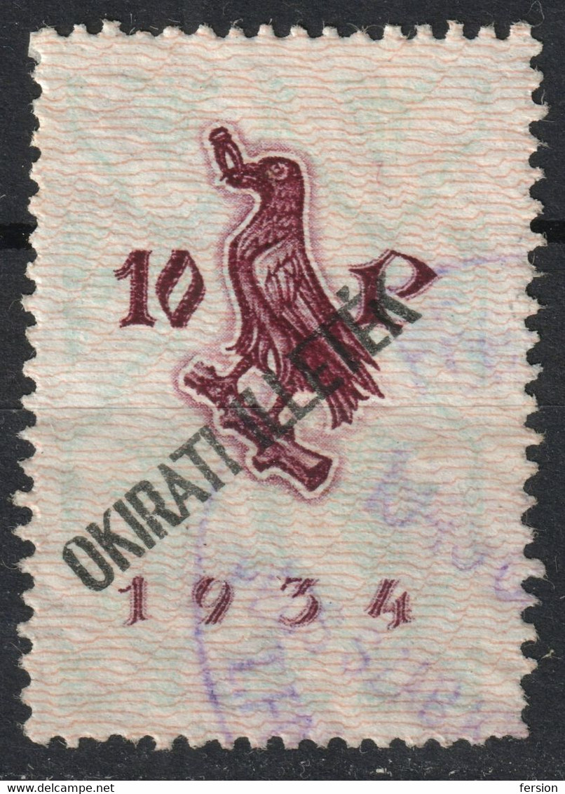 1945 Hungary - Revenue Tax Stamp - 10 P Adopengo OKIRATI ILLETÉK Overprint - Used RAVEN RING Corvin 1934 - Fiscaux