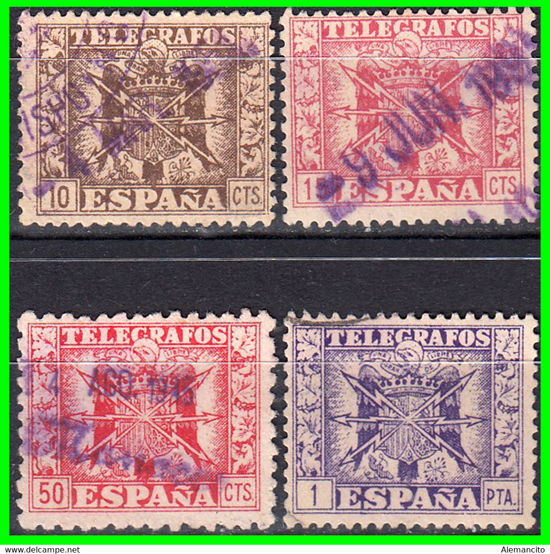 ESPAÑA 4 SELLOS DE EPOCA “ IMPRESO EN ESPAÑA “ AÑO 1940 ESCUDO DE ARMAS TELEGRAFOS - Fiscali-postali