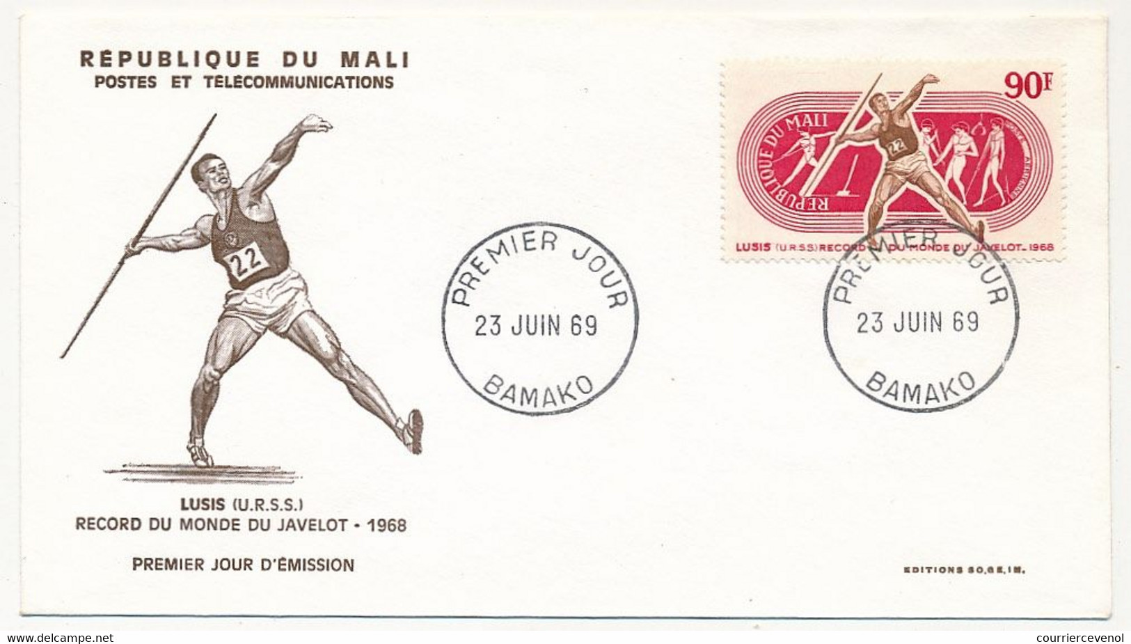 MALI => Envel. FDC => 5 Val. SPORTS - Record(s) Du Monde - 23 Juin 1969  - Bamako - Malí (1959-...)