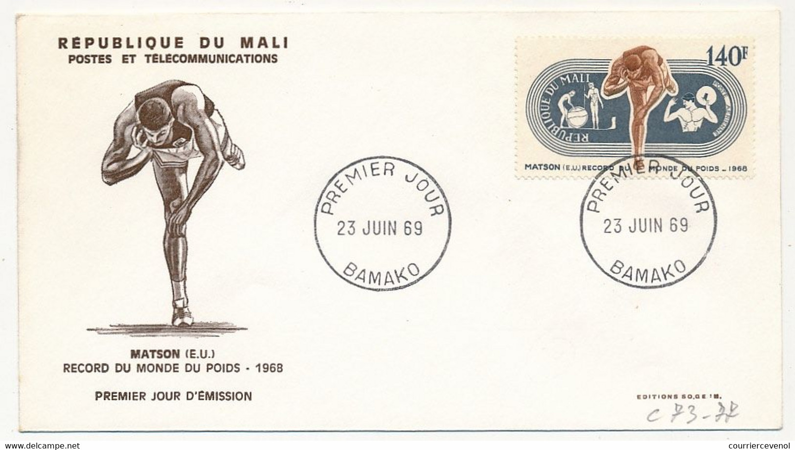 MALI => Envel. FDC => 5 Val. SPORTS - Record(s) Du Monde - 23 Juin 1969  - Bamako - Malí (1959-...)