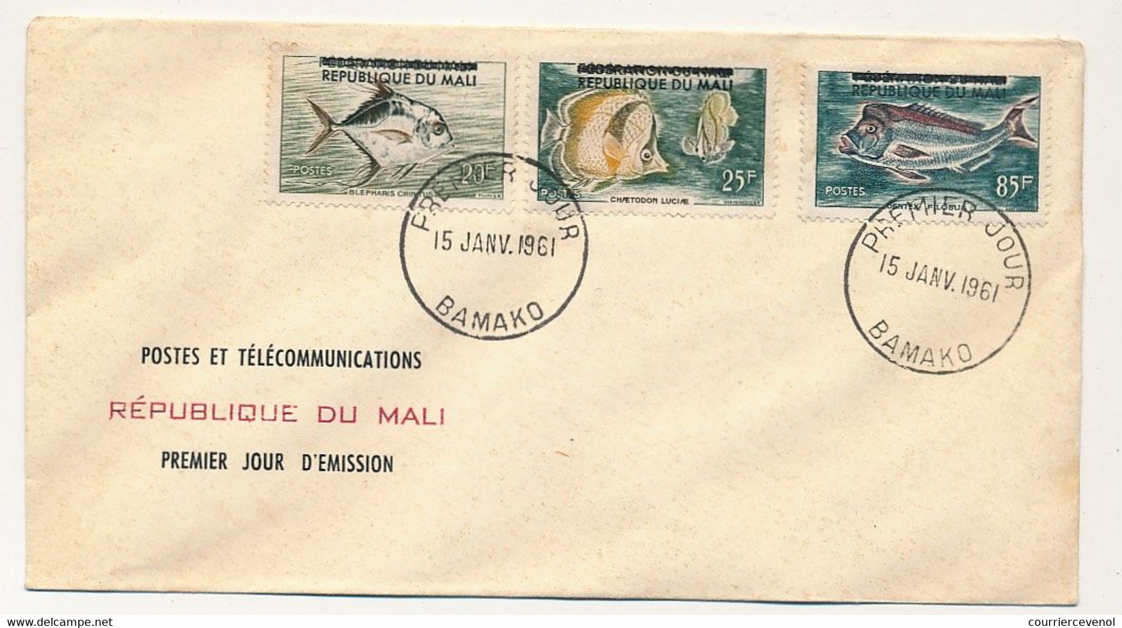 MALI => Envel. FDC => 3 Val. Poissons Surchargés - 15 Janvier 1961 - Bamako - Malí (1959-...)