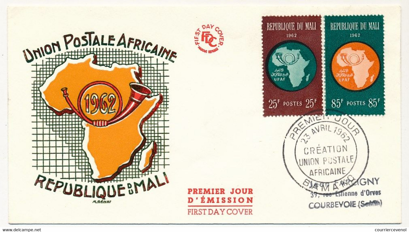 MALI => Envel. FDC => 2 Val. Création Union Postale Africaine - 23 Avril 1962 - Bamako - Mali (1959-...)