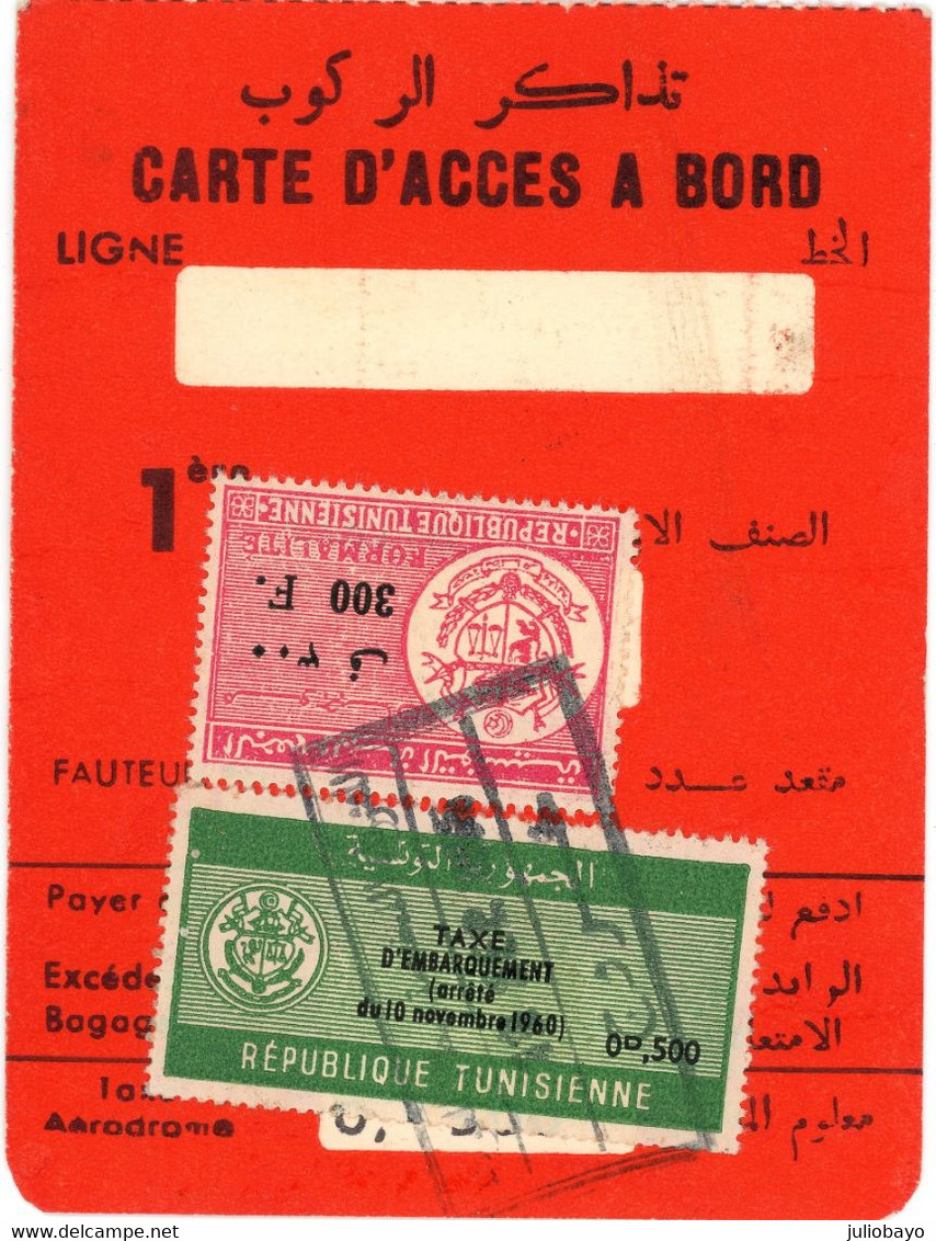 Carte D'acces à Bord Années 1960 Formalité Taxe D 'embarquement Aérodrome - Tunisia (1956-...)