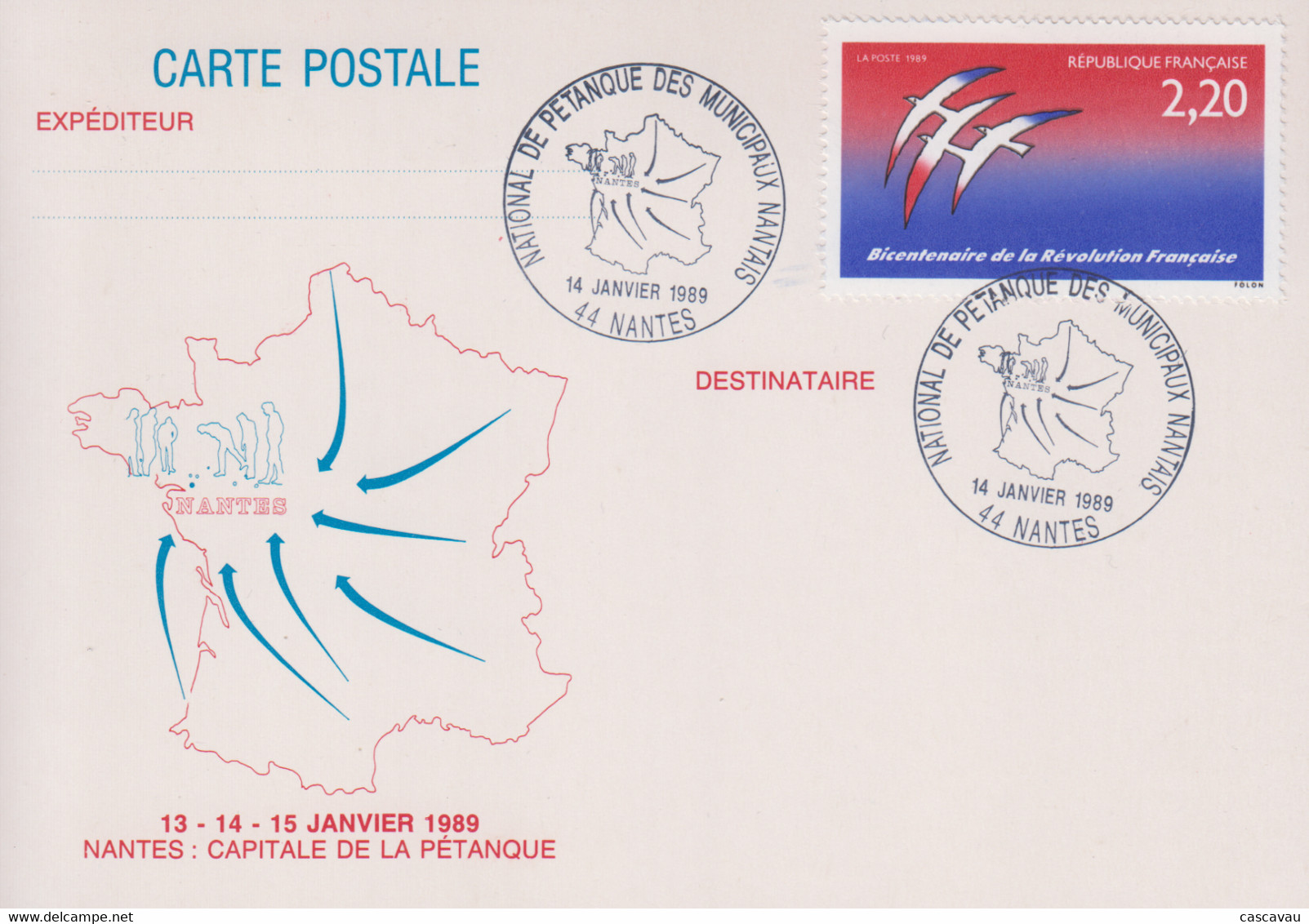 Carte   FRANCE   NATIONAL  De  Pétanque   Des  Municipaux   Nantais     NANTES   1989 - Petanca