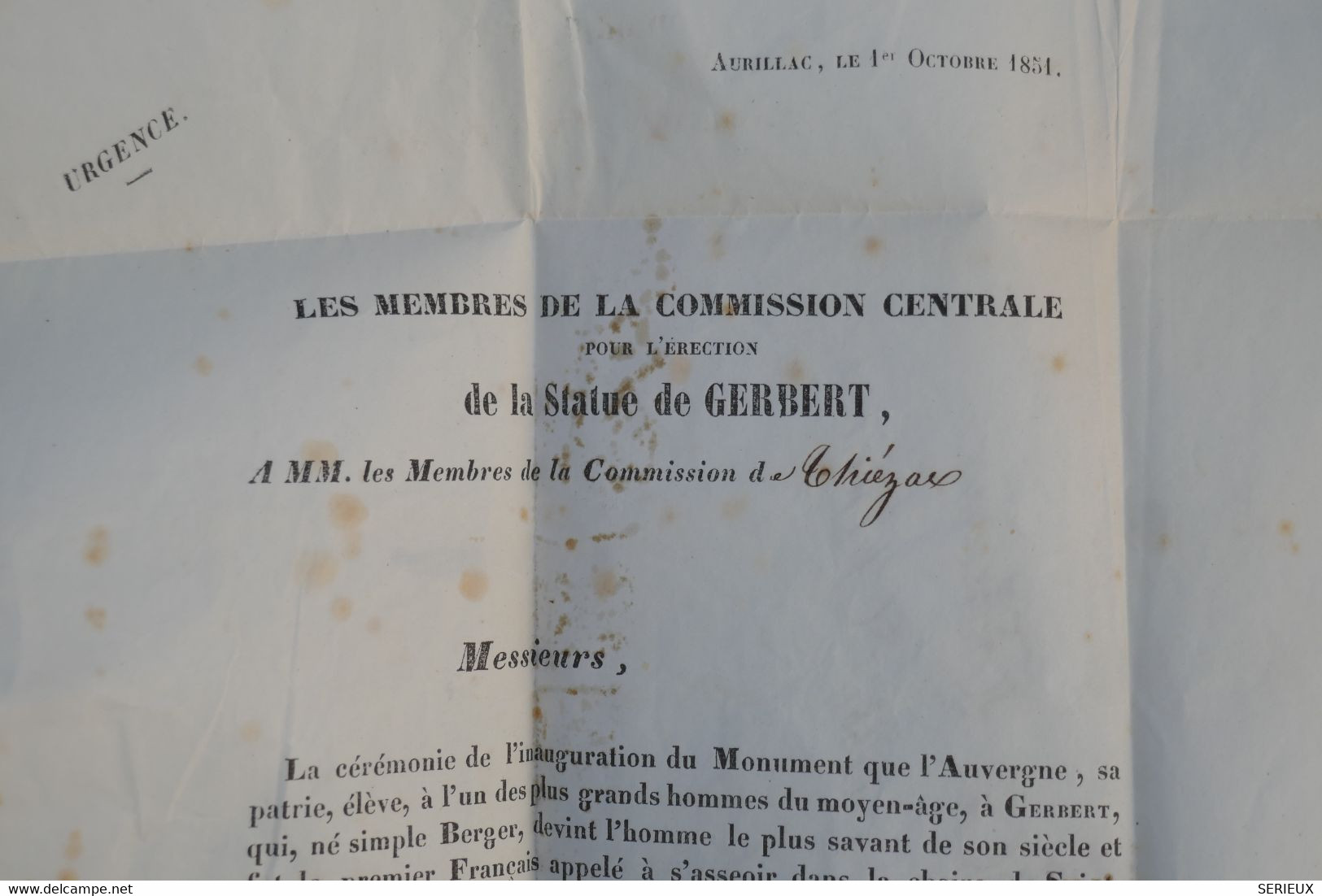#17 FRANCE  SUR   LETTRE  RARE EN PORT PAYé 1 10 1851 AURILLAC  A  THIEZAC  ++CERES N°1 ++++ AFFRANCH.  INTERESSANT - 1849-1850 Ceres