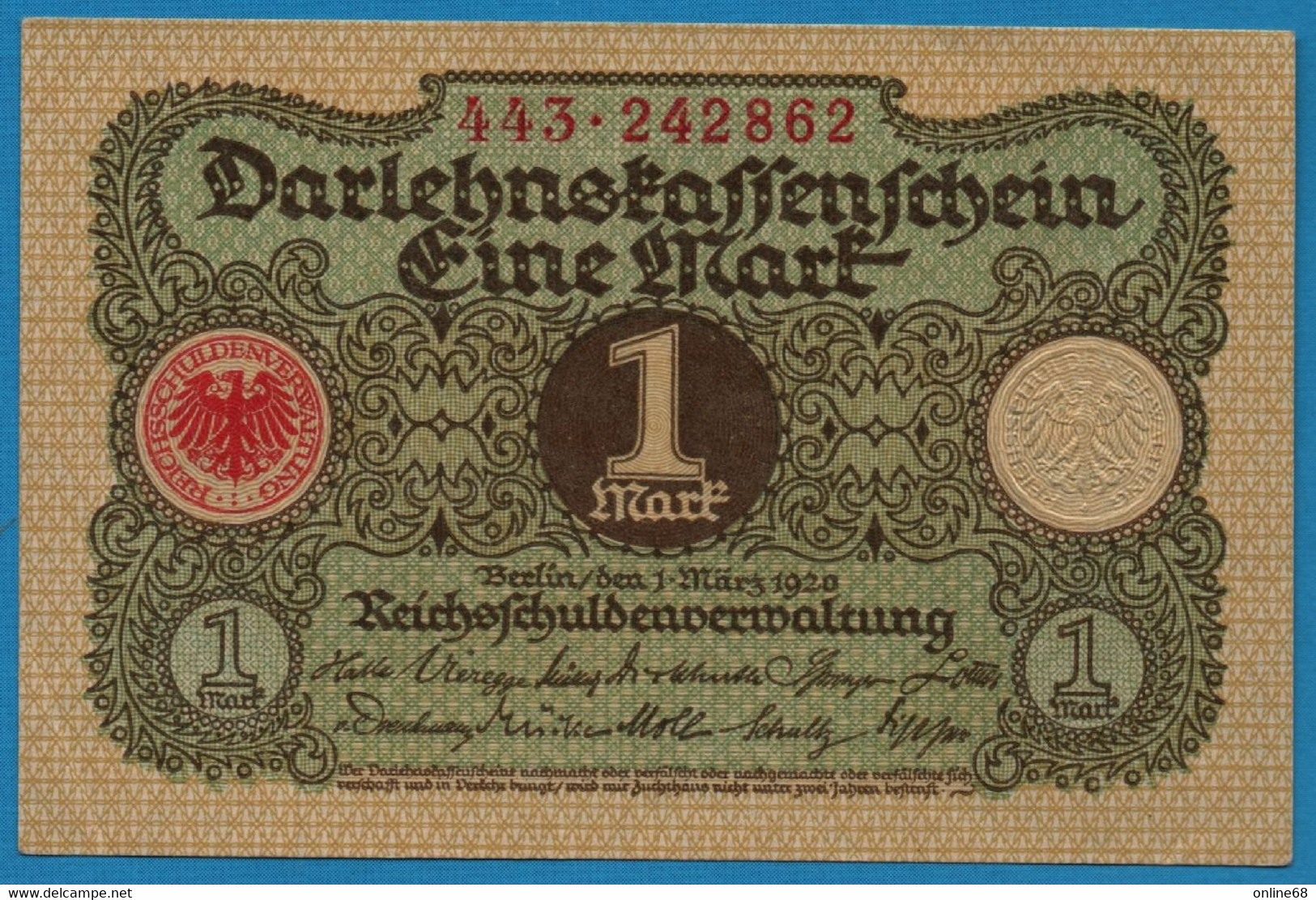 DEUTSCHES REICH 1 MARK 01.03.1920 # 443.242862 P# 58 DARLEHENSKASSENSCHEIN - Imperial Debt Administration