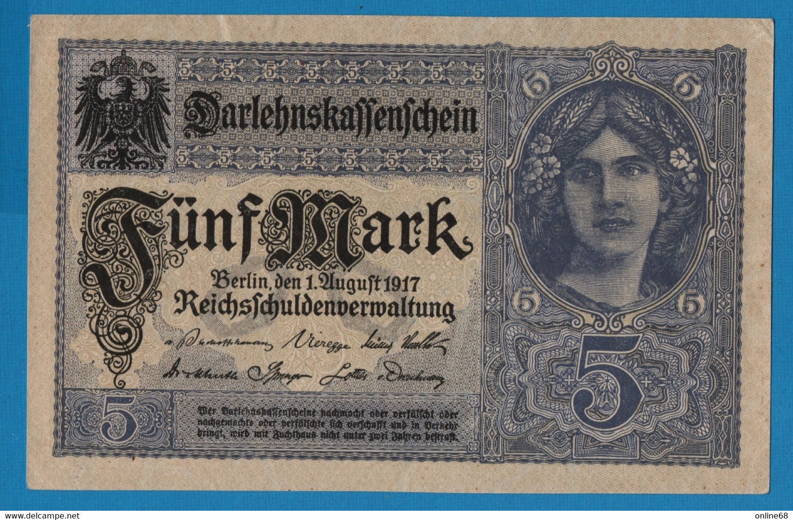 DEUTSCHES REICH 5 MARK 01.08.1917 # Y.10767162 P# 56a DARLEHENSKASSENSCHEINE - Bestuur Voor Schulden