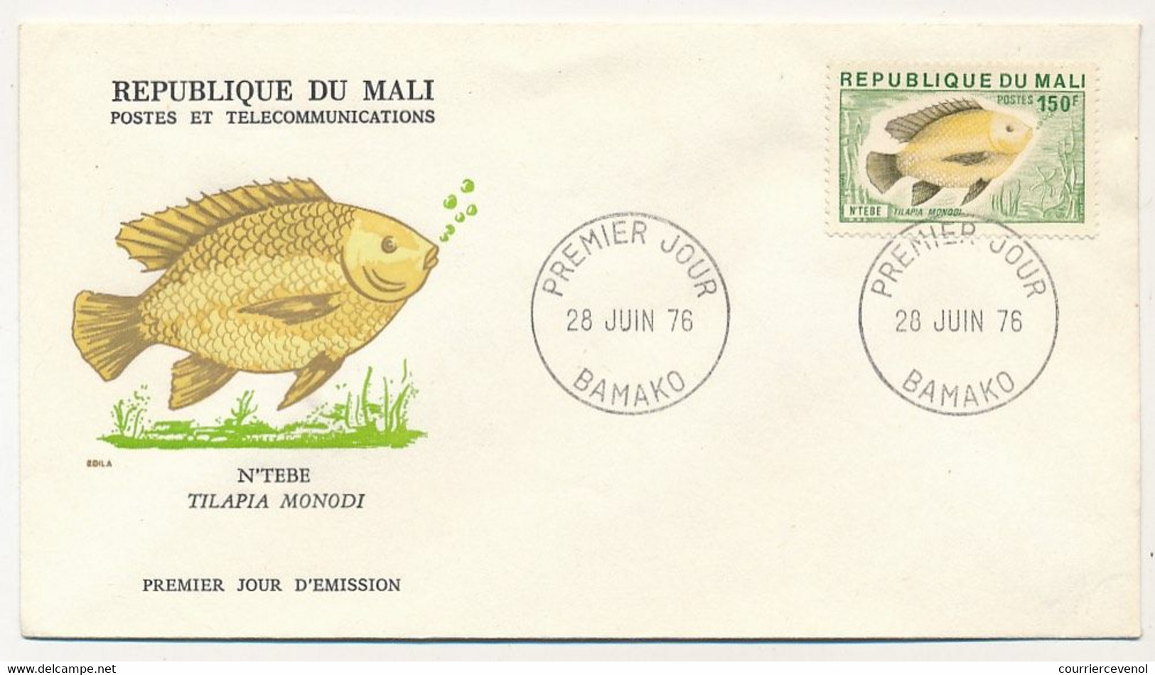 MALI => Envel. FDC => 150F Poisson - Tilapia Monodi - 28 Juin 1976 - Bamako - Mali (1959-...)