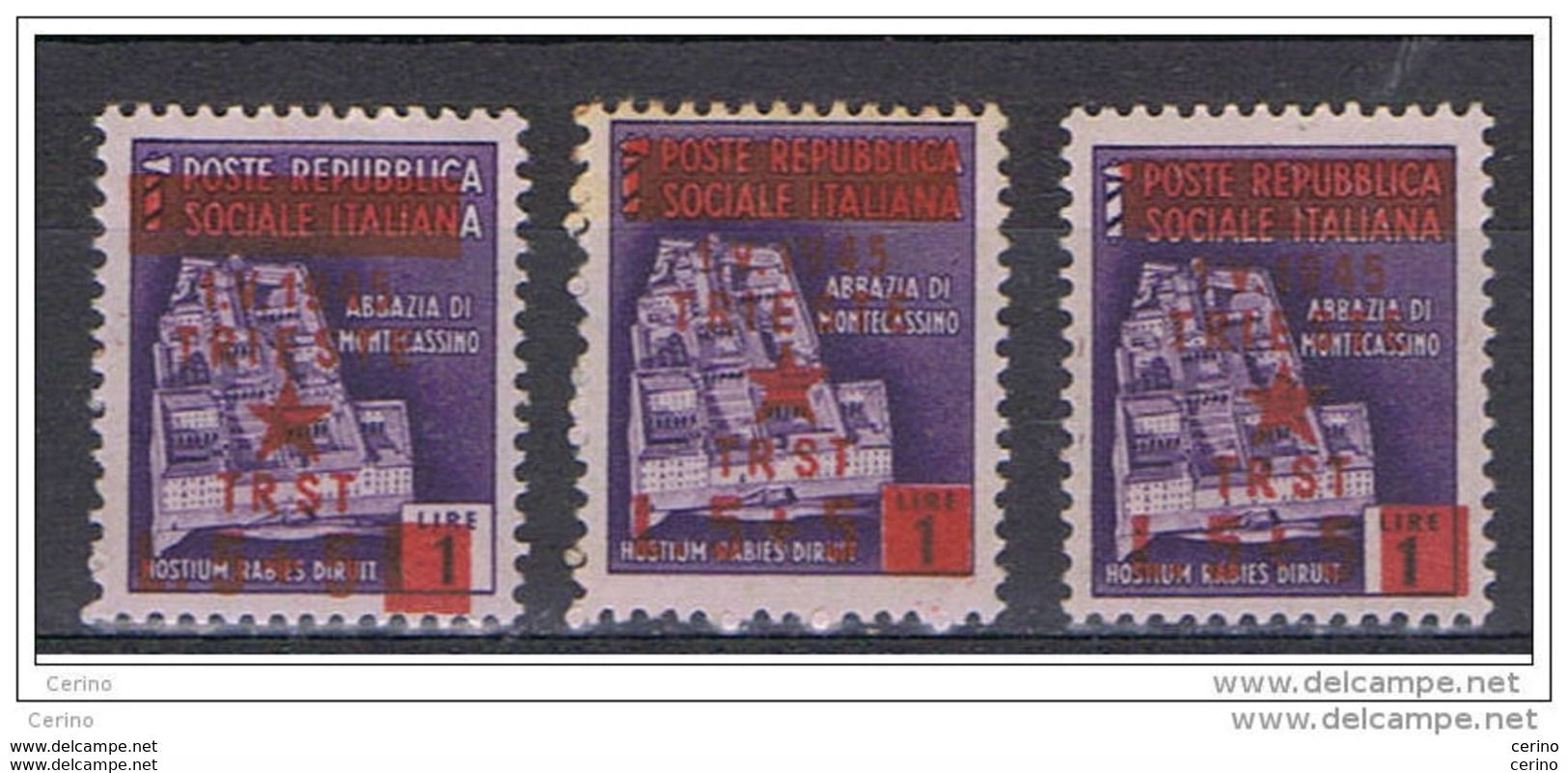 TRIESTE - OCC. JUGOSLAVA:  1945  SOPRASTAMPATI  -  £. 5 / £.5 / £. 1  VIOLETTO  N. -  RIPETUTO  3  VOLTE  -  SASS. 9 - Yugoslavian Occ.: Trieste