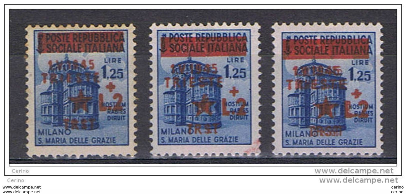 TRIESTE - OCC. JUGOSLAVA:  1945  SOPRASTAMPATI  -  £. 2/£.1,25  AZZURRO  N. -  RIPETUTO  3  VOLTE  -  SASS. 6 - Occ. Yougoslave: Trieste