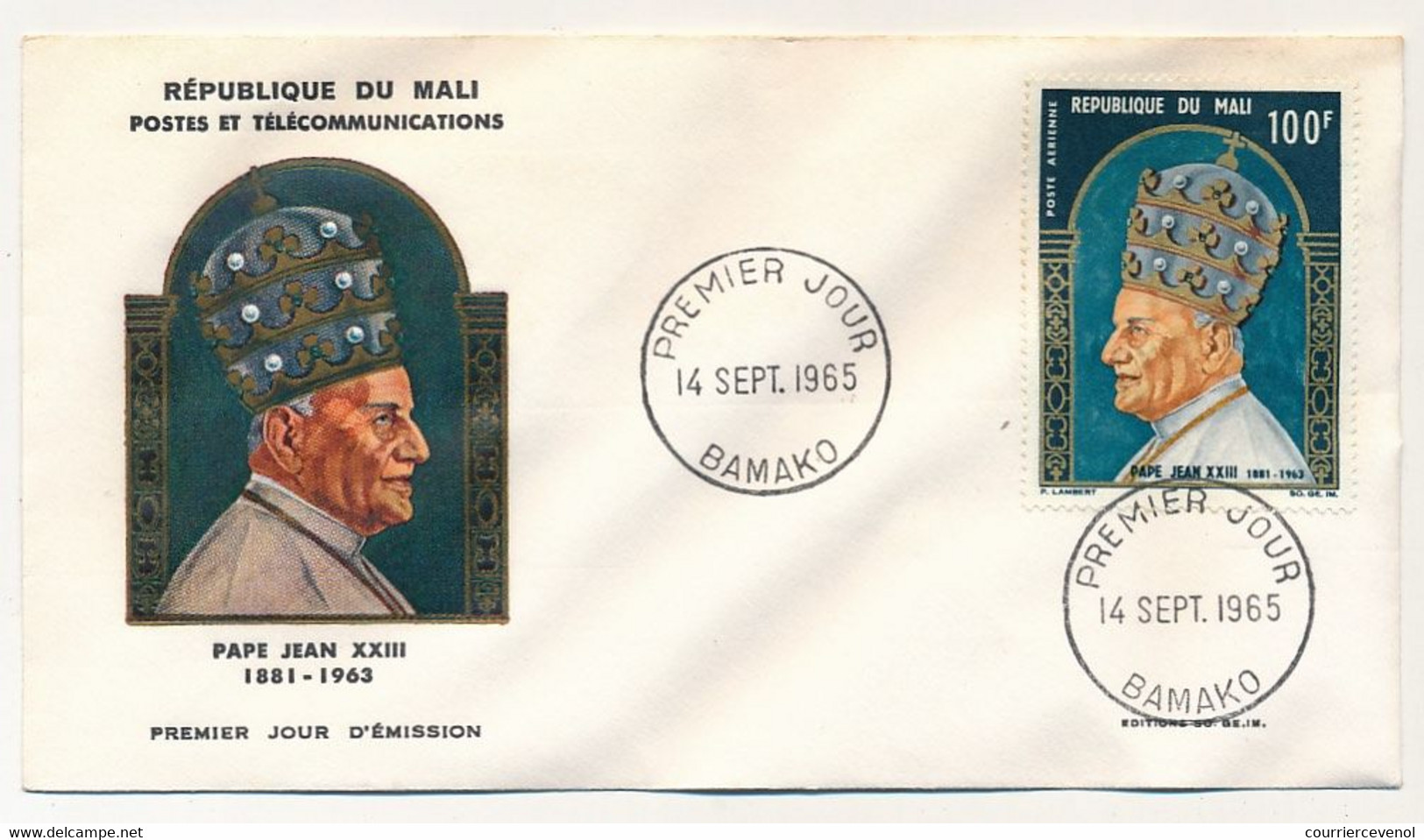 MALI => Envel. FDC => 100F - Papa Jean XXIII - 14 Sept 1965 - Bamako - Malí (1959-...)