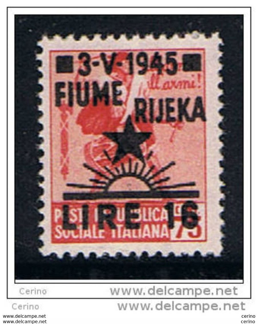 FIUME - OCC. JUGOSLAVA: 1945  SOPRASTAMPATO  -  £.16/75 C. ROSA  CARMINIO  N. -  NO  FILIGRANA  -  SASS. 21 - SPL. - RR - Ocu. Yugoslava: Fiume