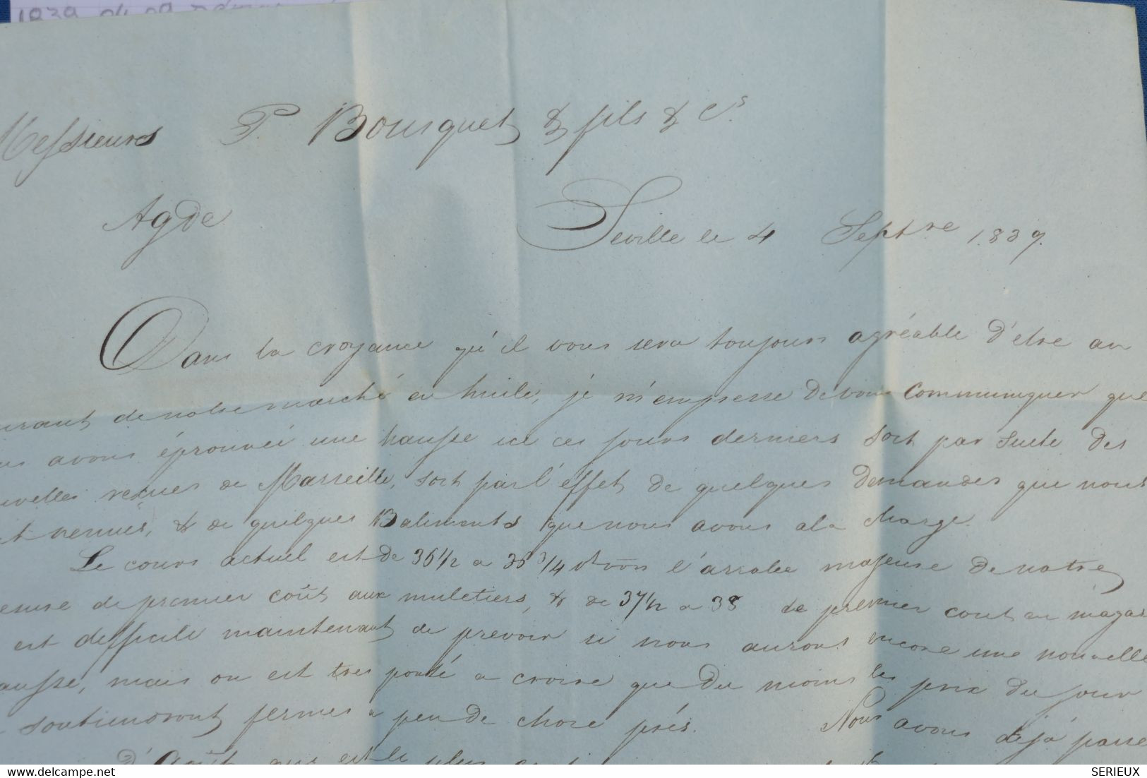 #18 ESPANA BELLE LETTRE ASSEZ RARE 1839   ANDALUCIA  BAJA   SEVILLA  A  AGDE FRANCIA ++ AFFRANCH. INTERESSANT - ...-1850 Prefilatelia