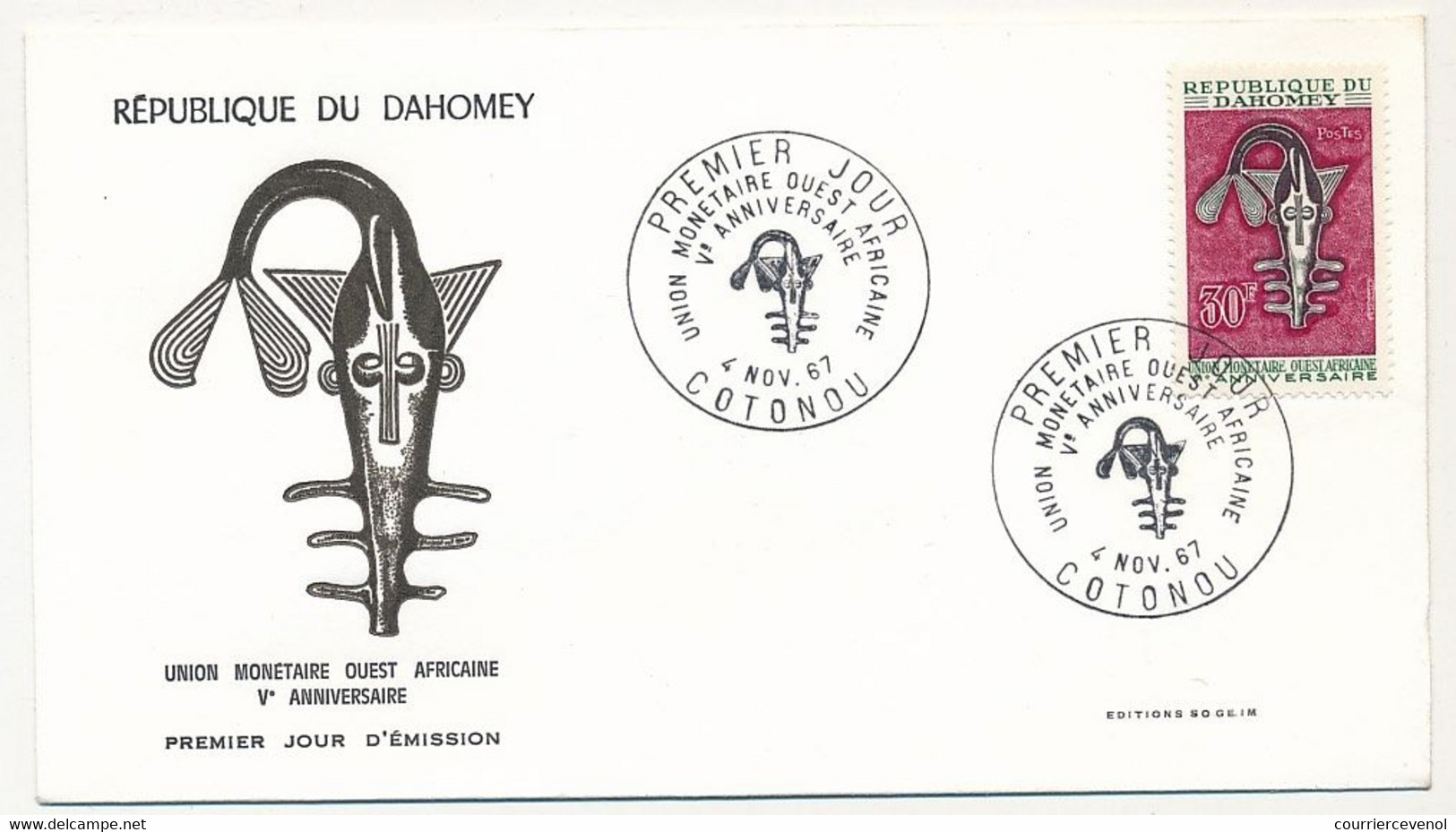 DAHOMEY => Env FDC => 30F Union Monétaire Ouest Africaine - 4 Nov 1967 - Cotonou - Benin – Dahomey (1960-...)