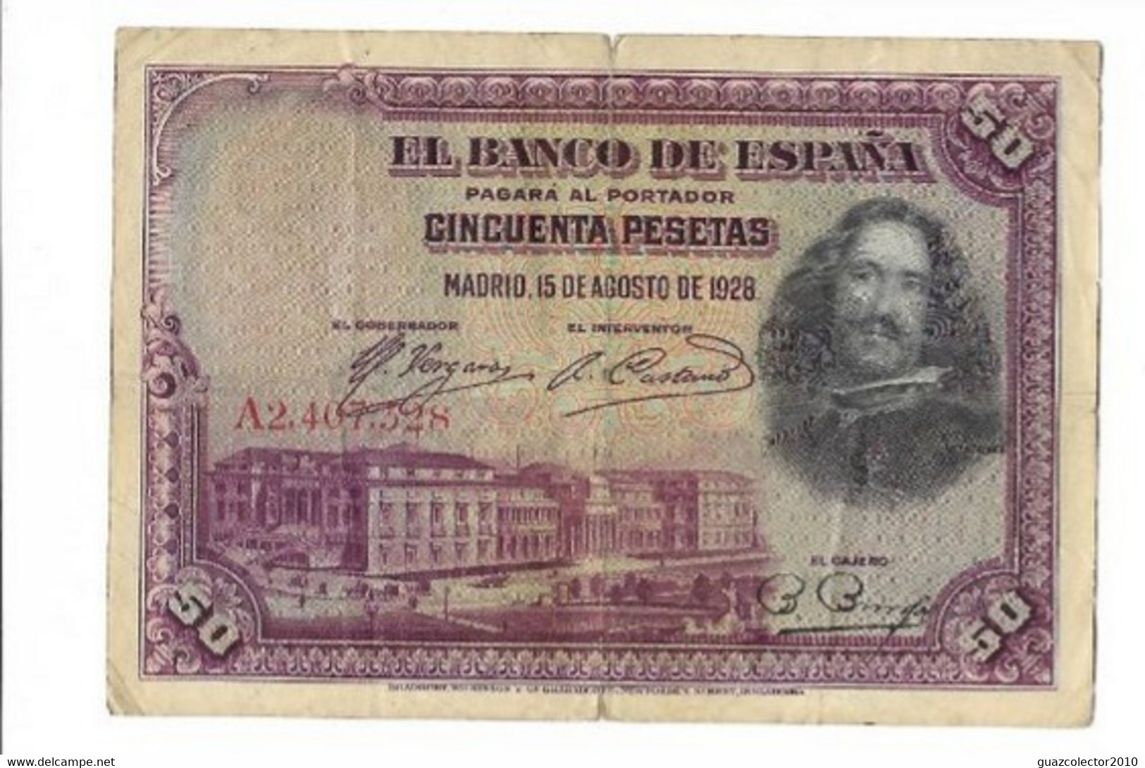 ESPAÑA: 50 PESETAS Pintor VELAZQUEZ. AÑO 1928. SERIE A. MAL. ENVIO GRATIS. - 50 Peseten