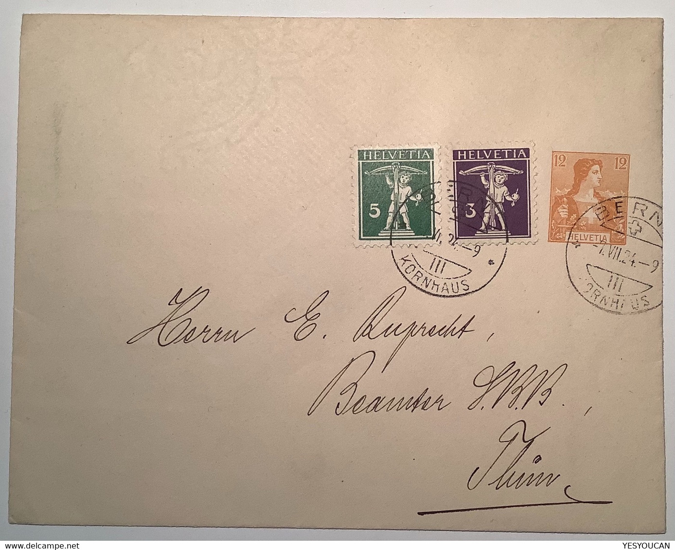 Privatganzsache: PHILATELISTEN VEREIN BERN 1924 12 Rp Helvetia Brustschild Umschlag(Schweiz Philately Stamp Club P.t.o - Ganzsachen