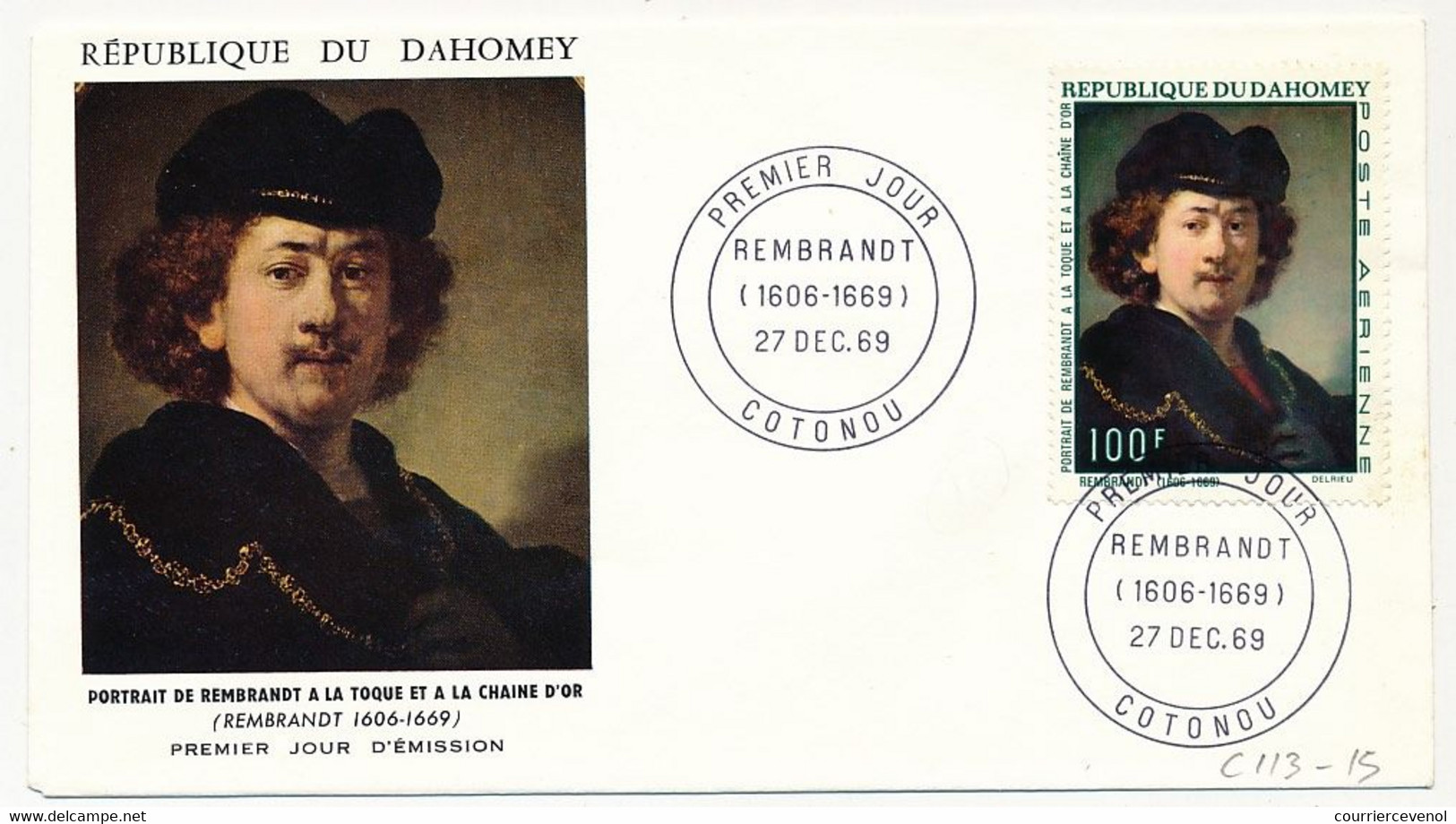 DAHOMEY => Env FDC => 100F Portrait De Rembrandt - 27 Décembre 1969 - Cotonou - Bénin – Dahomey (1960-...)