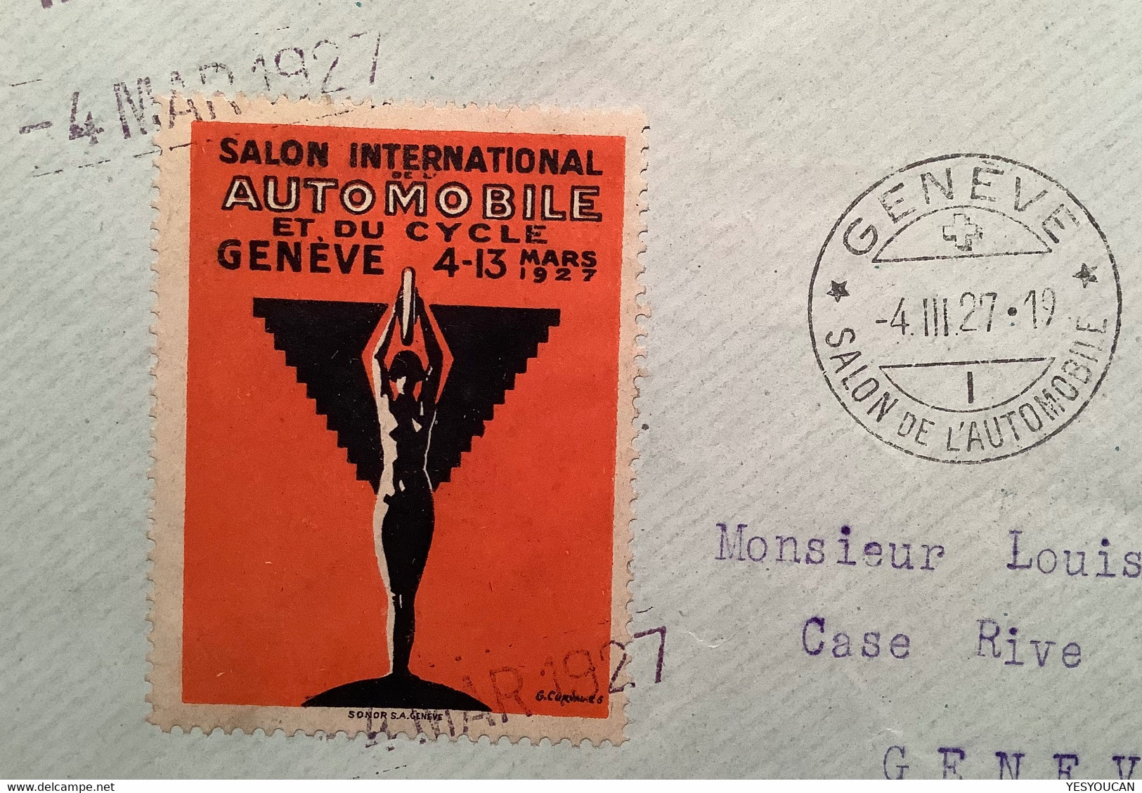 Privatganzsache: BANQUE LOUIS MESTRAL PRÉVERENGES VD GENEVE SALON AUTOMOBILE 1927 Umschlag(Schweiz Velo Bicycle  P.t.o - Postwaardestukken