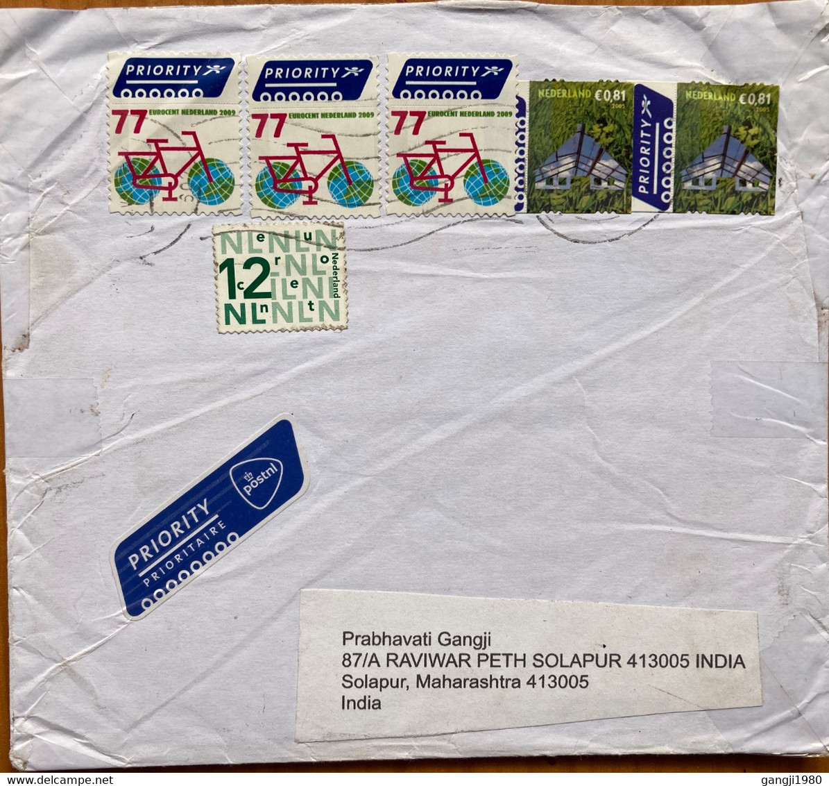 NEDERLAND 2009, COVER USED TO INDIA, CYCLE ON TWO GLOBE, PRIORITY STAMPS & LABEL, NATURE, HOUSE, MULTI  5 STAMP - Brieven En Documenten