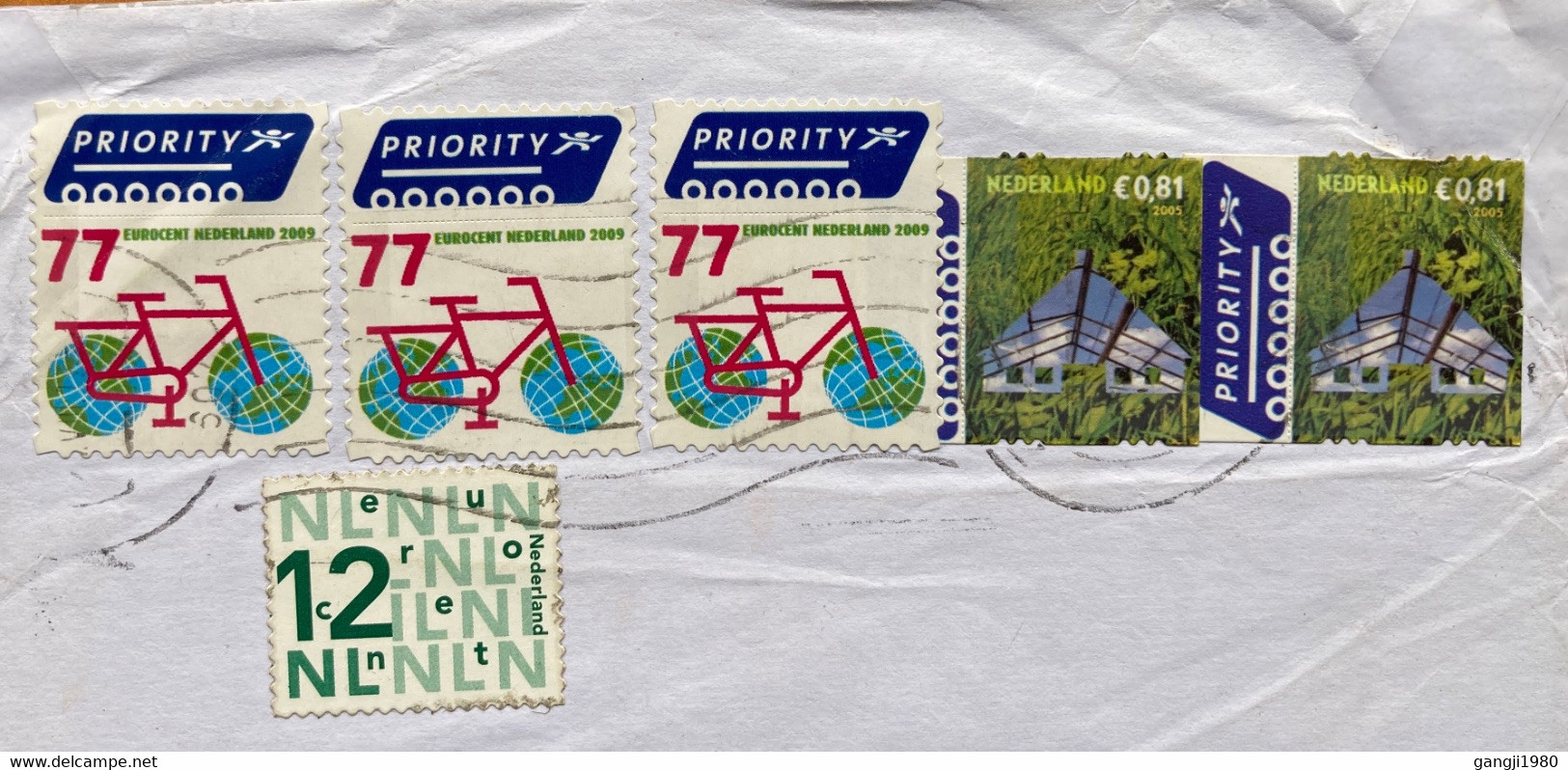 NEDERLAND 2009, COVER USED TO INDIA, CYCLE ON TWO GLOBE, PRIORITY STAMPS & LABEL, NATURE, HOUSE, MULTI  5 STAMP - Brieven En Documenten