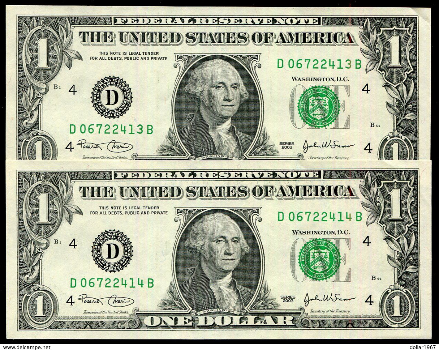 2 X USA 1 Dollar 2003 WASHINGTON P.537 - 4 D 06722413 / 14 B - Otros – América