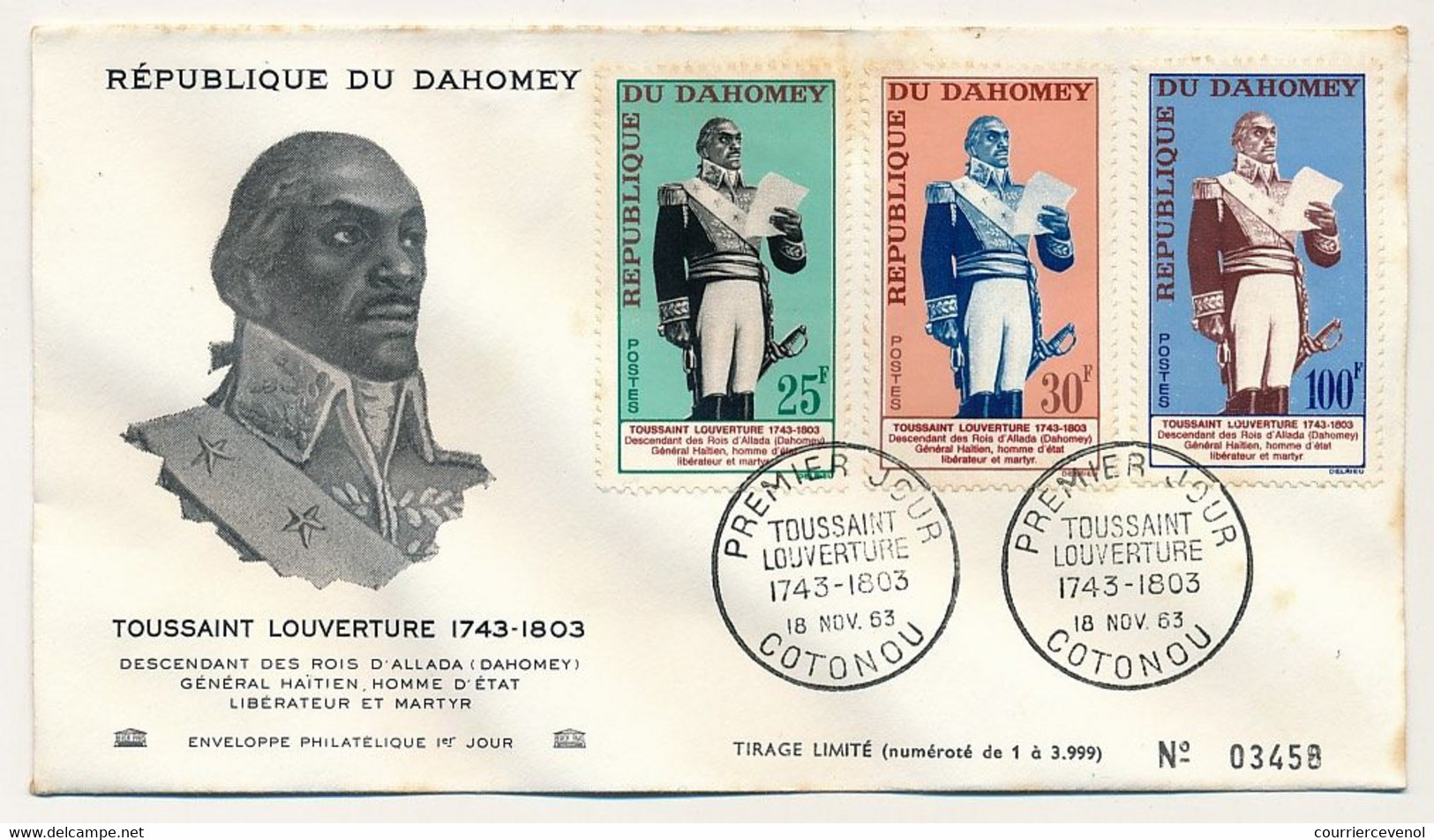 DAHOMEY - 1 Enveloppe FDC - 3 Valeurs "Toussaint Louverture" 18 Nov 1983 - Cotonou - Benin – Dahomey (1960-...)